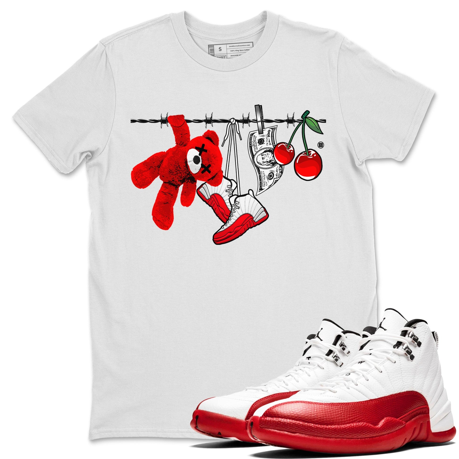 12s Cherry Sneaker Match Tees Clothesline Sneaker Tees Air Jordan 12 Cherry Sneaker Release Tees Unisex Shirts White 1