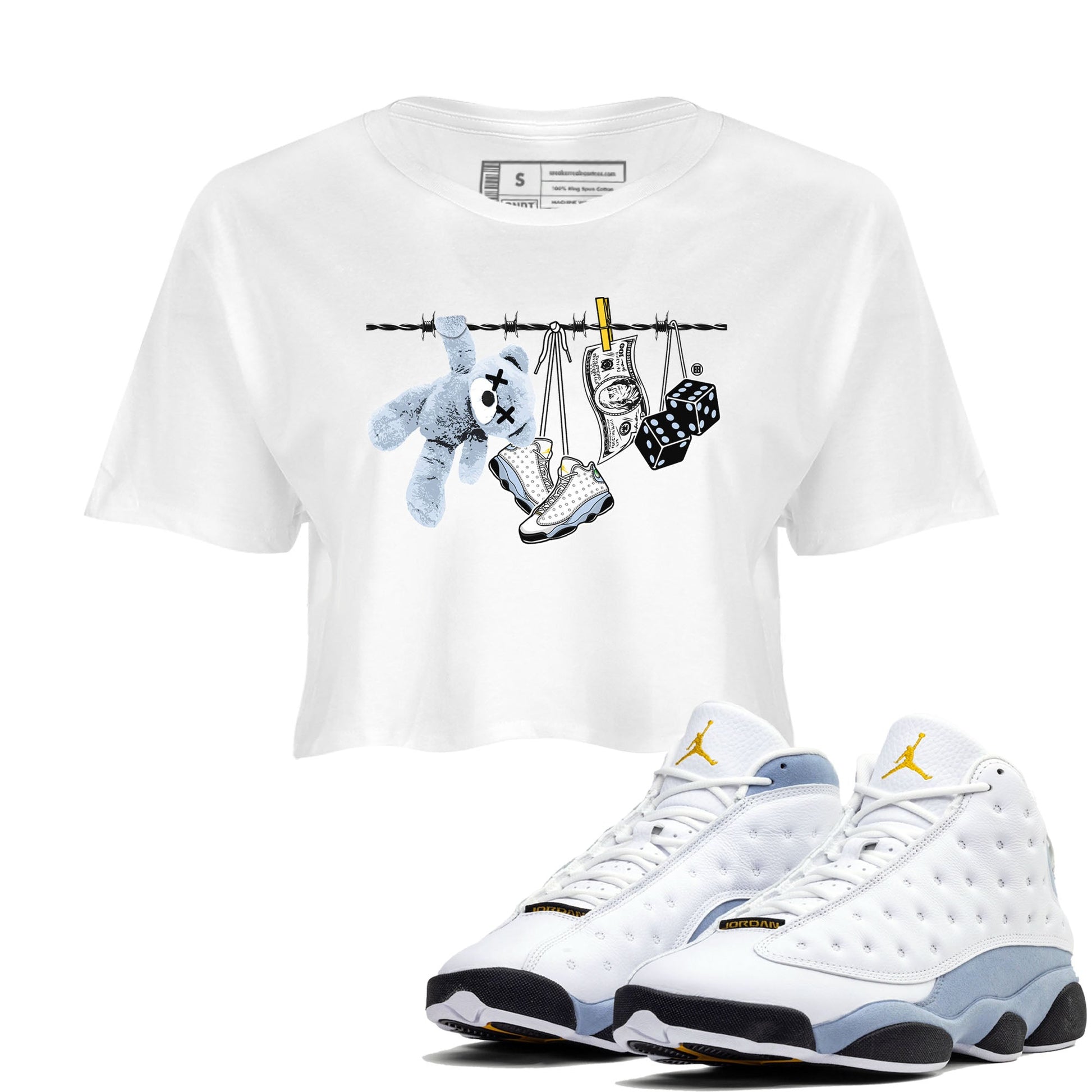 13s Blue Grey shirt to match jordans Clothesline sneaker tees Air Jordan 13 Retro Blue Grey SNRT Sneaker Release Tees White 1 crop length shirt