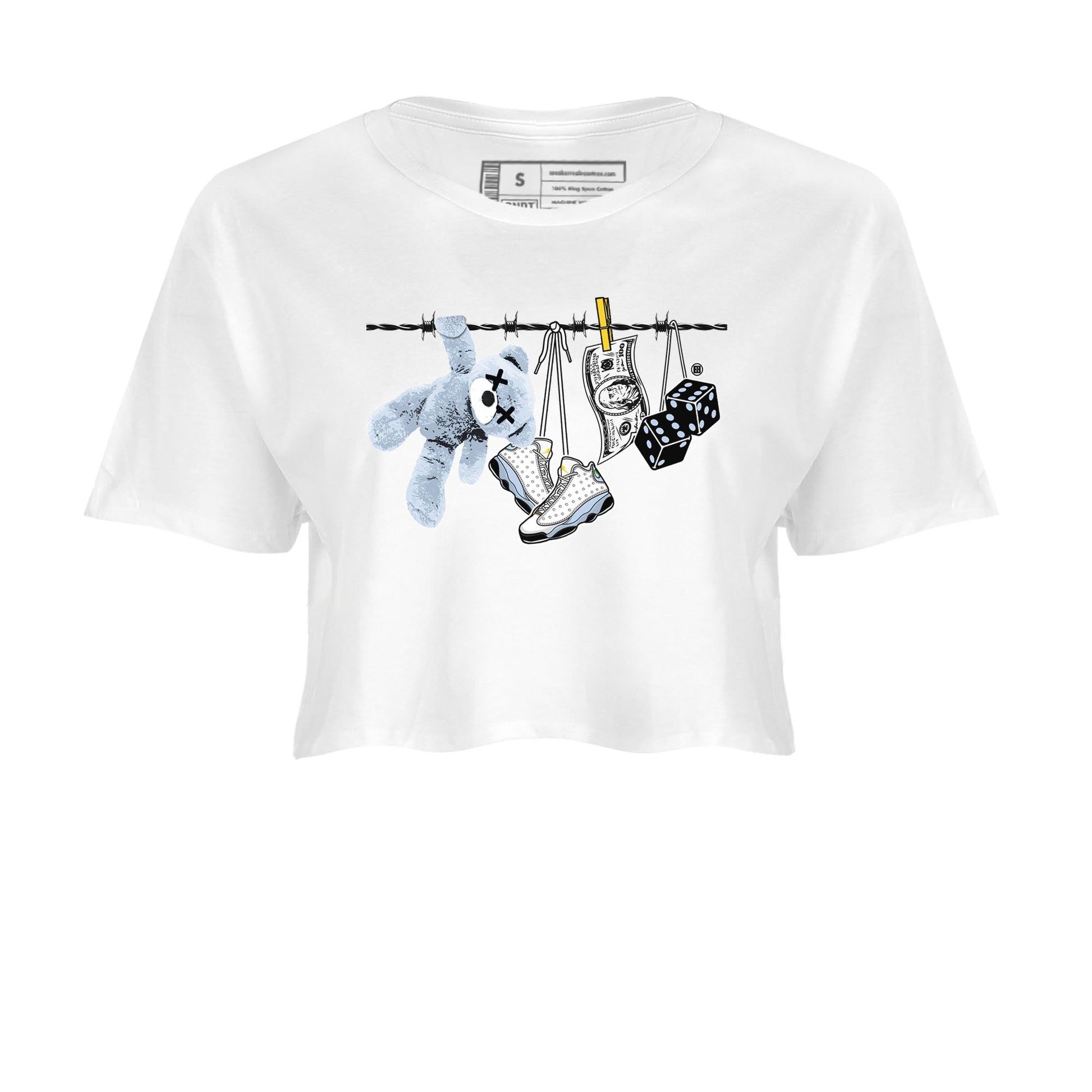 13s Blue Grey shirt to match jordans Clothesline sneaker tees Air Jordan 13 Retro Blue Grey SNRT Sneaker Release Tees White 2 crop length shirt