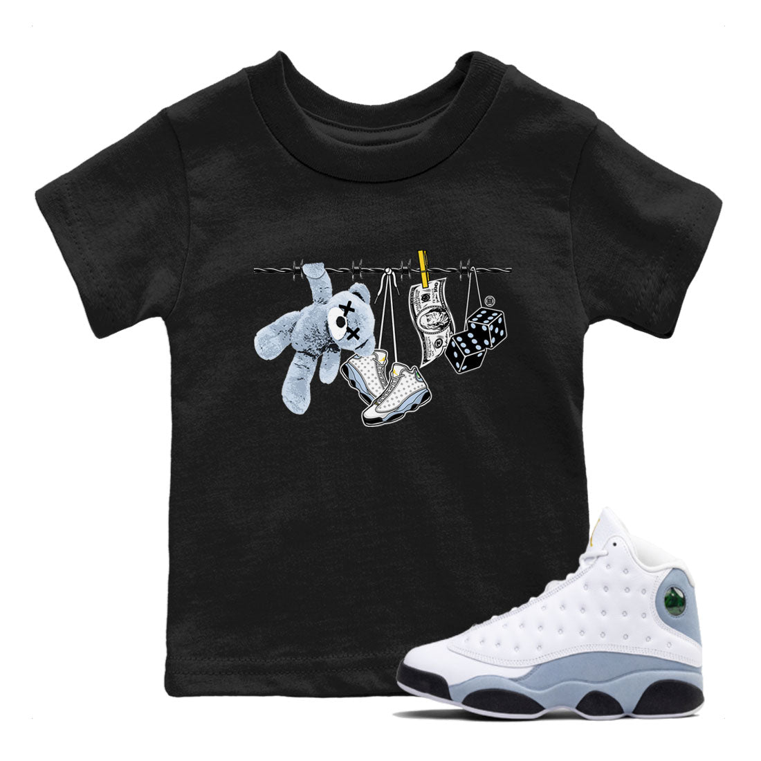 13s Blue Grey shirt to match jordans Clothesline sneaker tees Air Jordan 13 Retro Blue Grey SNRT sneaker release tees baby toddler Black 1 cotton Shirt