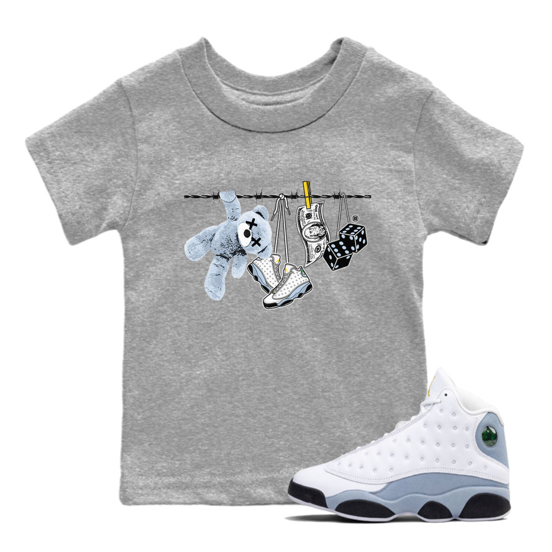 13s Blue Grey shirt to match jordans Clothesline sneaker tees Air Jordan 13 Retro Blue Grey SNRT sneaker release tees baby toddler Heather Grey 1 cotton Shirt