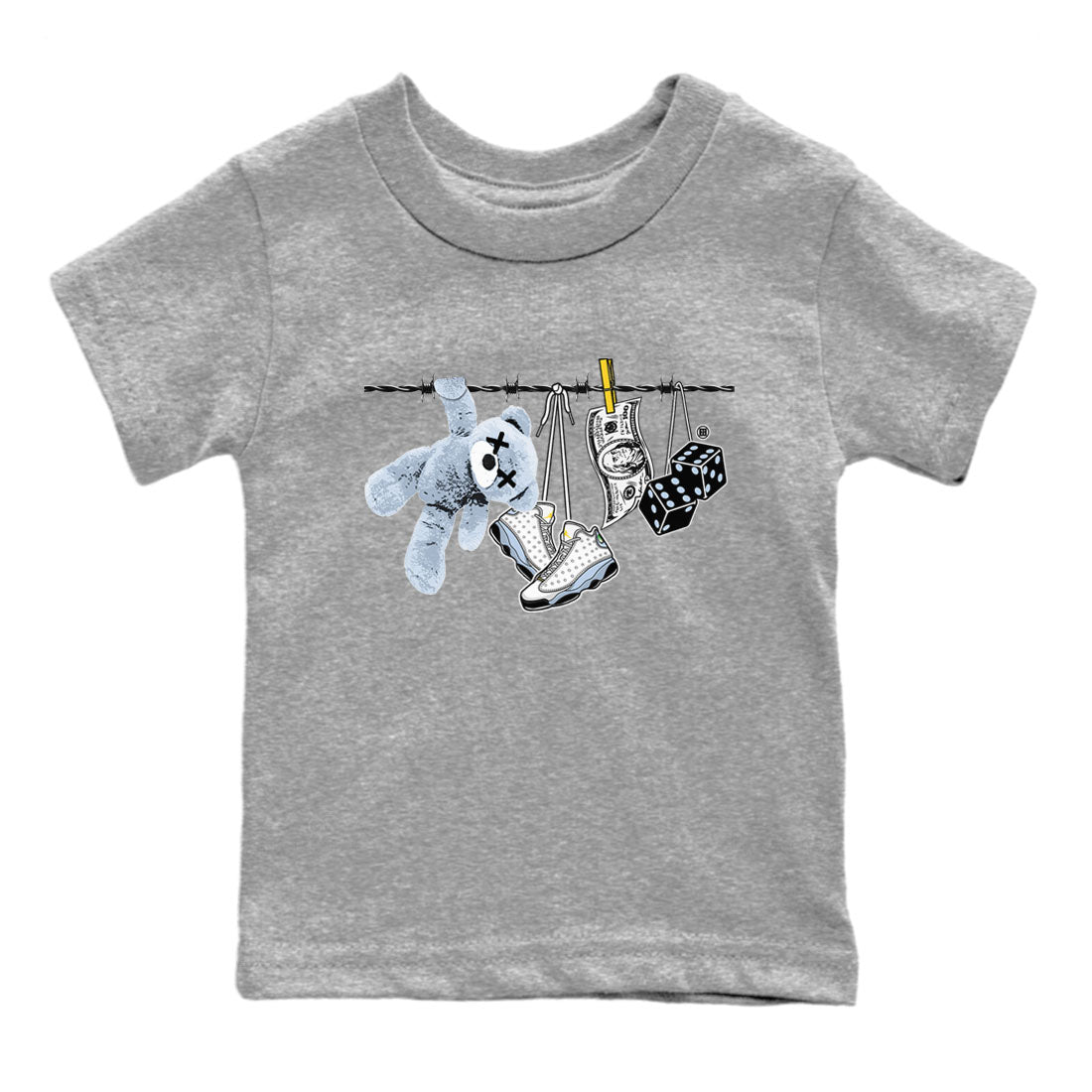 13s Blue Grey shirt to match jordans Clothesline sneaker tees Air Jordan 13 Retro Blue Grey SNRT sneaker release tees baby toddler Heather Grey 2 cotton Shirt
