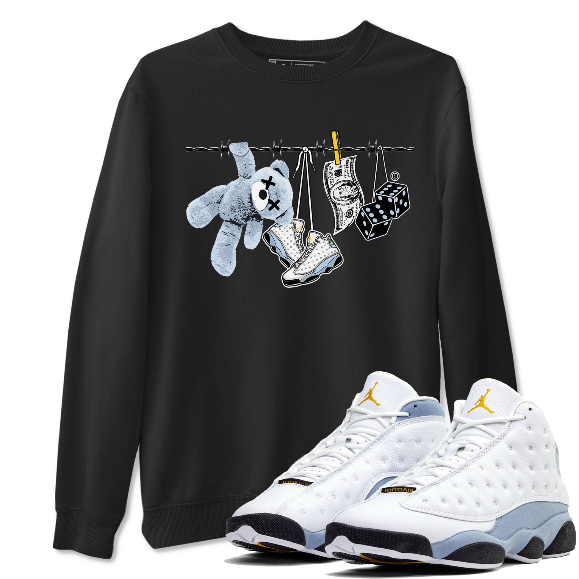 13s Blue Grey shirt to match jordans Clothesline sneaker tees Air Jordan 13 Retro Blue Grey SNRT Sneaker Release Tees unisex cotton Black 1 crew neck shirt
