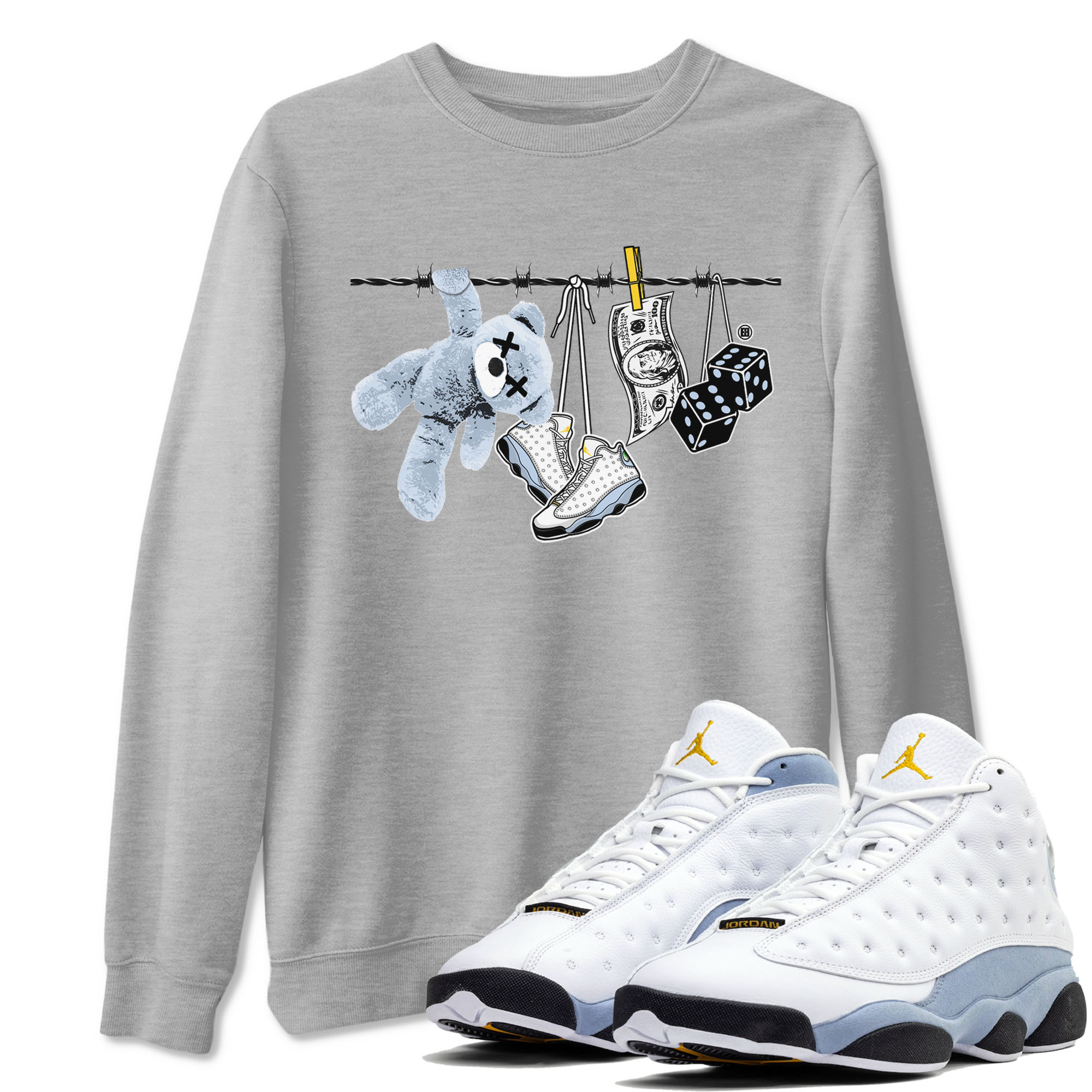 13s Blue Grey shirt to match jordans Clothesline sneaker tees Air Jordan 13 Retro Blue Grey SNRT Sneaker Release Tees unisex cotton Heather Grey 1 crew neck shirt