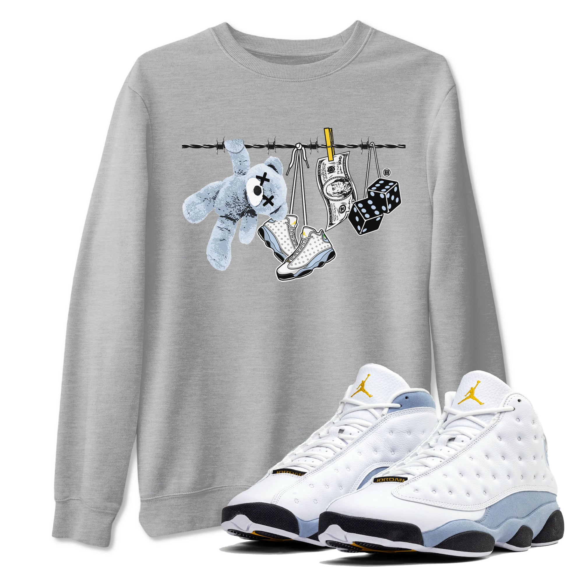 13s Blue Grey shirt to match jordans Clothesline sneaker tees Air Jordan 13 Retro Blue Grey SNRT Sneaker Release Tees unisex cotton Heather Grey 1 crew neck shirt