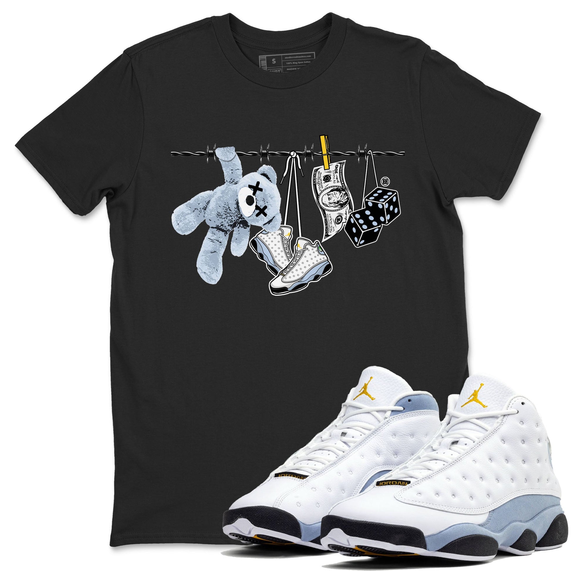 13s Blue Grey shirt to match jordans Clothesline sneaker tees Air Jordan 13 Retro Blue Grey SNRT Sneaker Release Tees unisex cotton Black 1 crew neck shirt