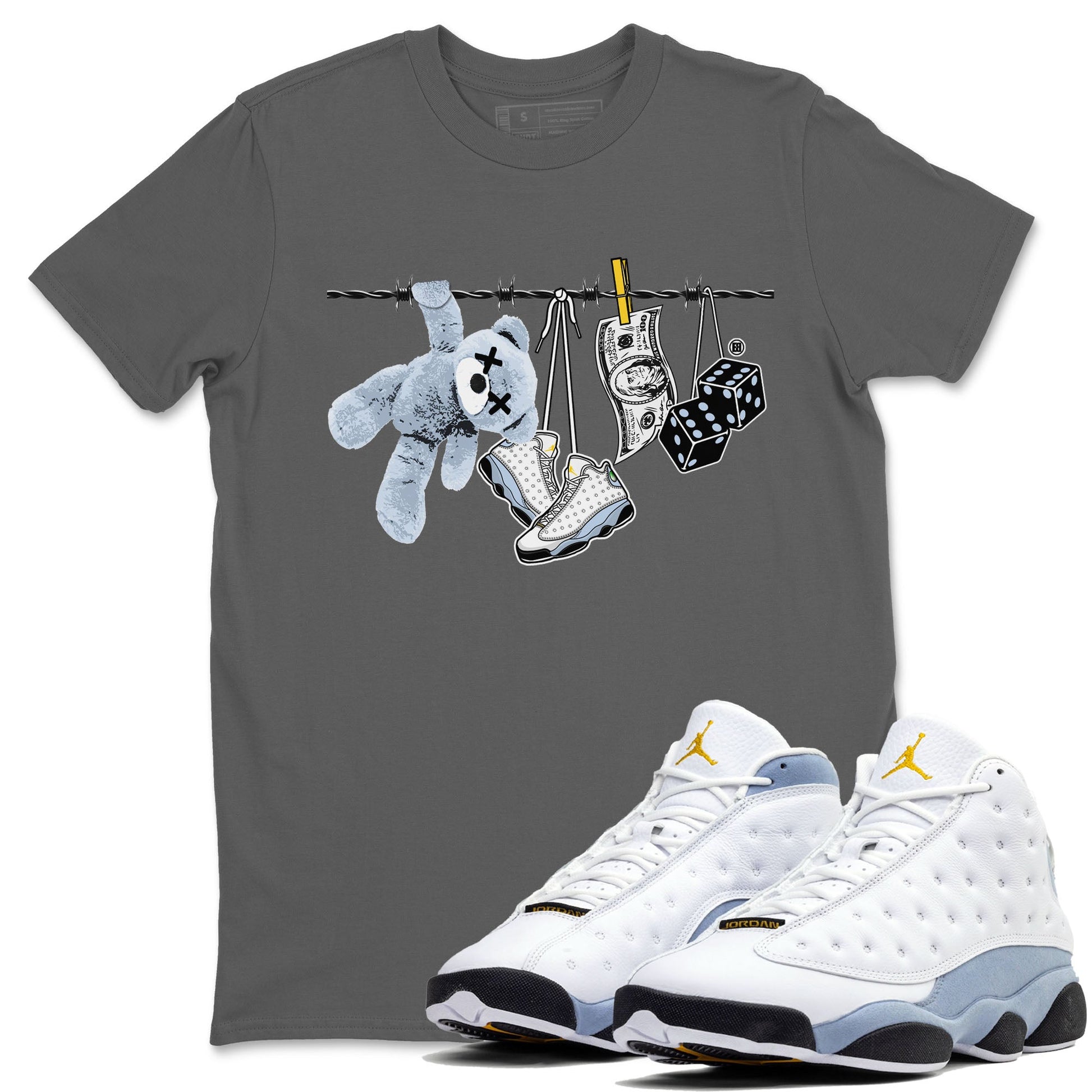 13s Blue Grey shirt to match jordans Clothesline sneaker tees Air Jordan 13 Retro Blue Grey SNRT Sneaker Release Tees unisex cotton Cool Grey 1 crew neck shirt