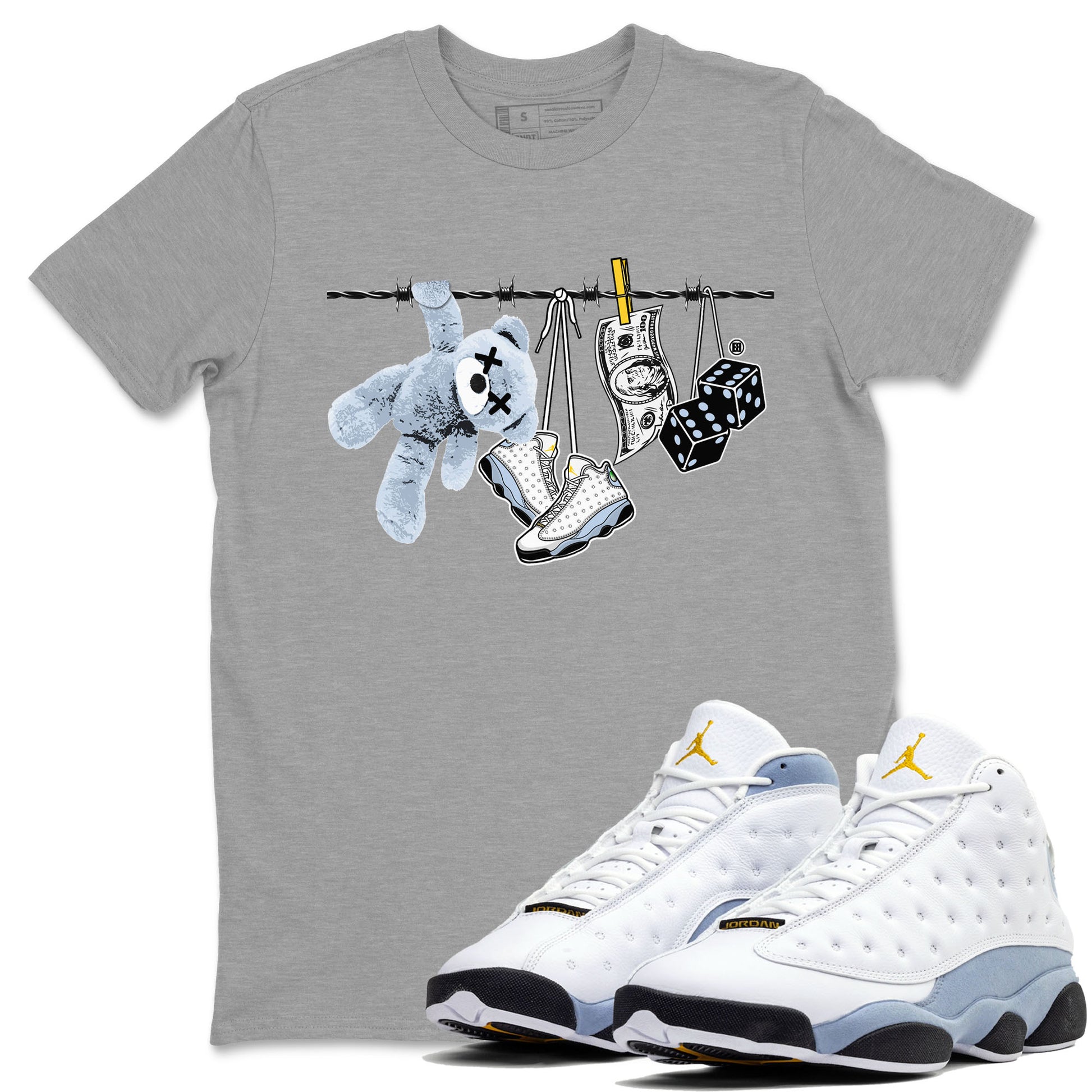 13s Blue Grey shirt to match jordans Clothesline sneaker tees Air Jordan 13 Retro Blue Grey SNRT Sneaker Release Tees unisex cotton Heather Grey 1 crew neck shirt