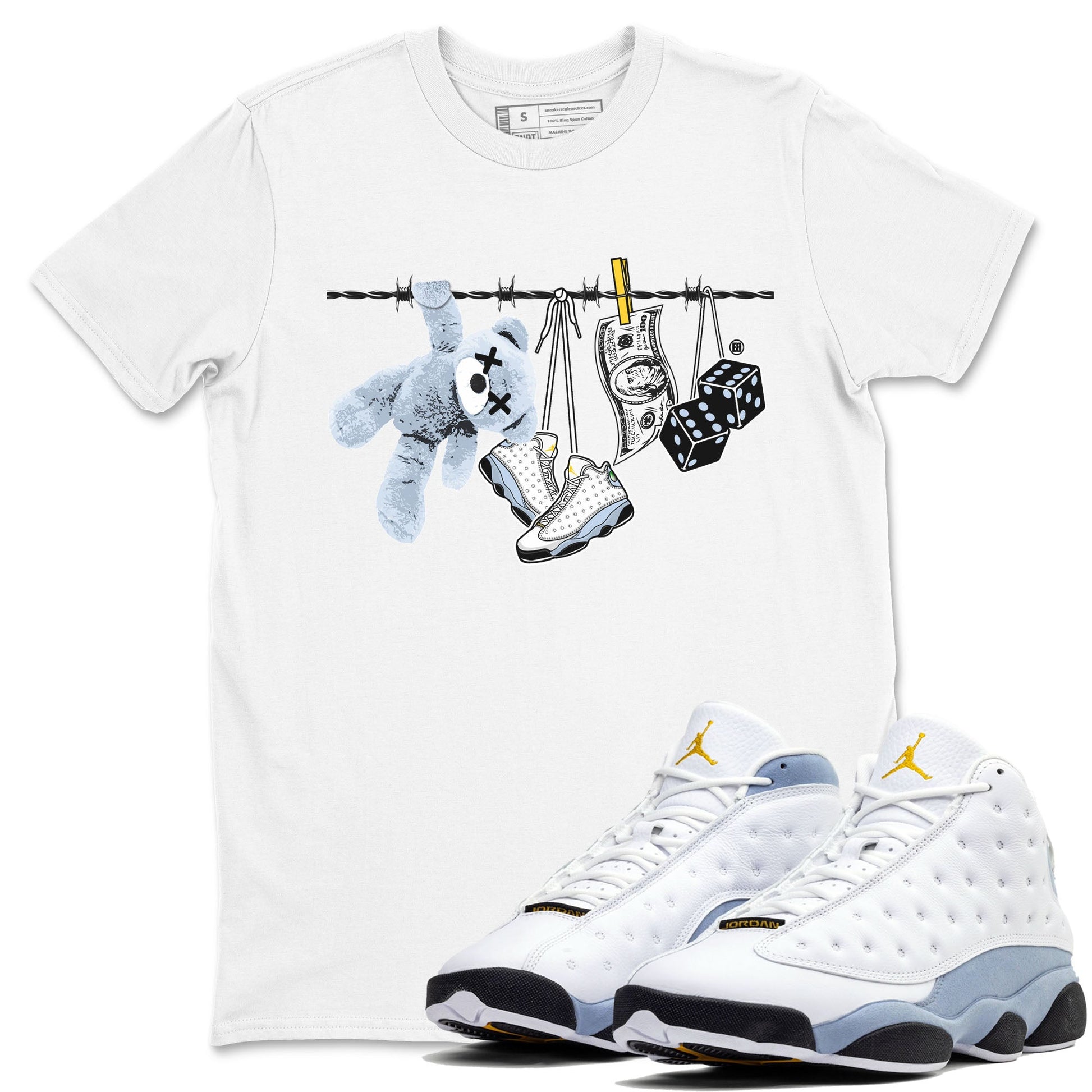 13s Blue Grey shirt to match jordans Clothesline sneaker tees Air Jordan 13 Retro Blue Grey SNRT Sneaker Release Tees unisex cotton White 1 crew neck shirt