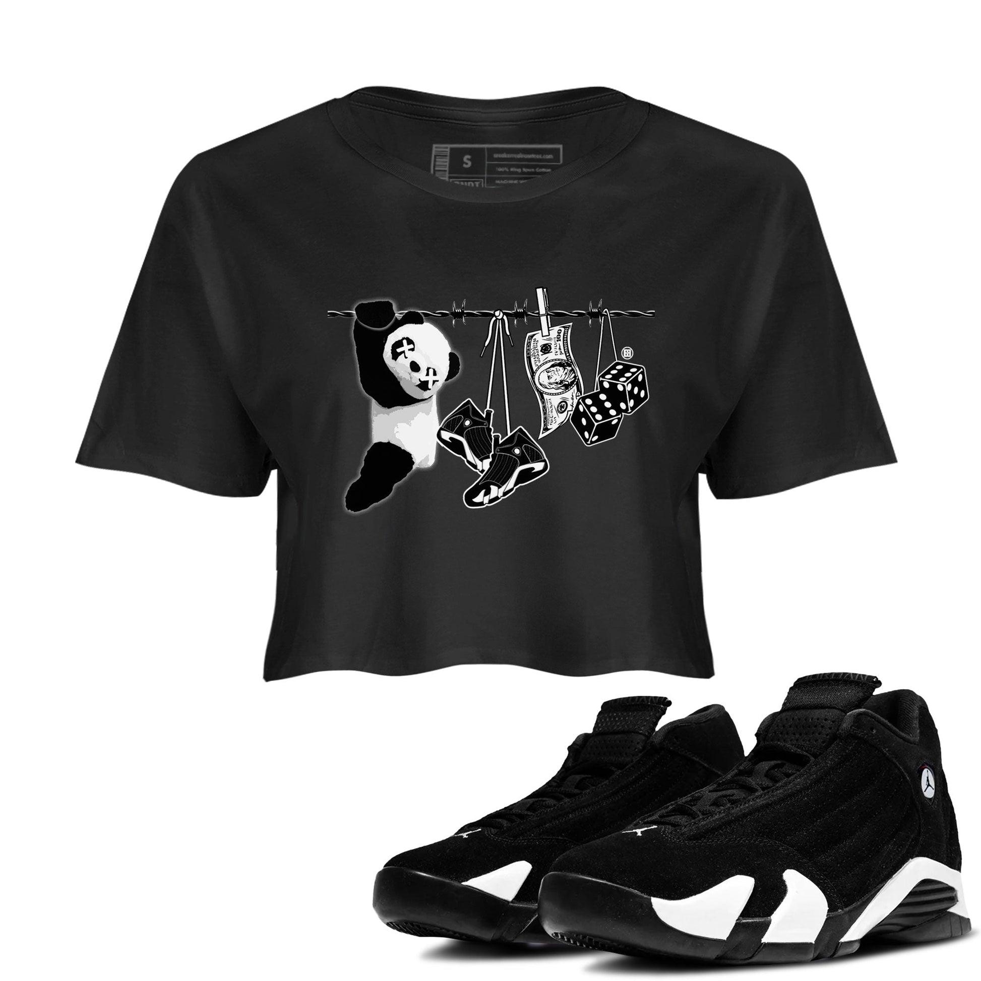 14s Panda shirt to match jordans Clothesline sneaker tees Air Jordan 14 Panda SNRT Sneaker Release Tees Black 1 crop length shirt