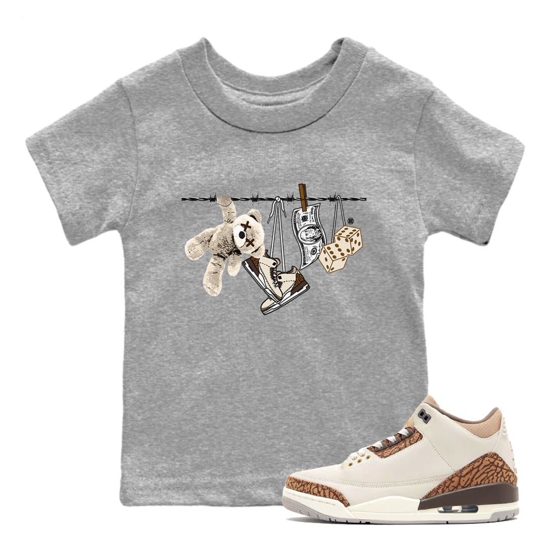 Air Jordan 3 Palomino Sneaker Match Tees Clothesline Sneaker Tees Jordan 3 Retro Palomino Sneaker Release Tees Kids Shirts Heather Grey 1