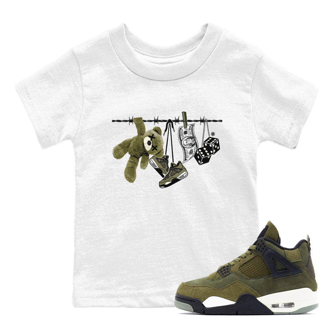 4s Medium Olive shirt to match jordans Clothesline sneaker tees Air Jordan 4 Medium Olive SNRT Sneaker Tees Casual Crew Neck T-Shirt Baby Toddler White 1 T-Shirt