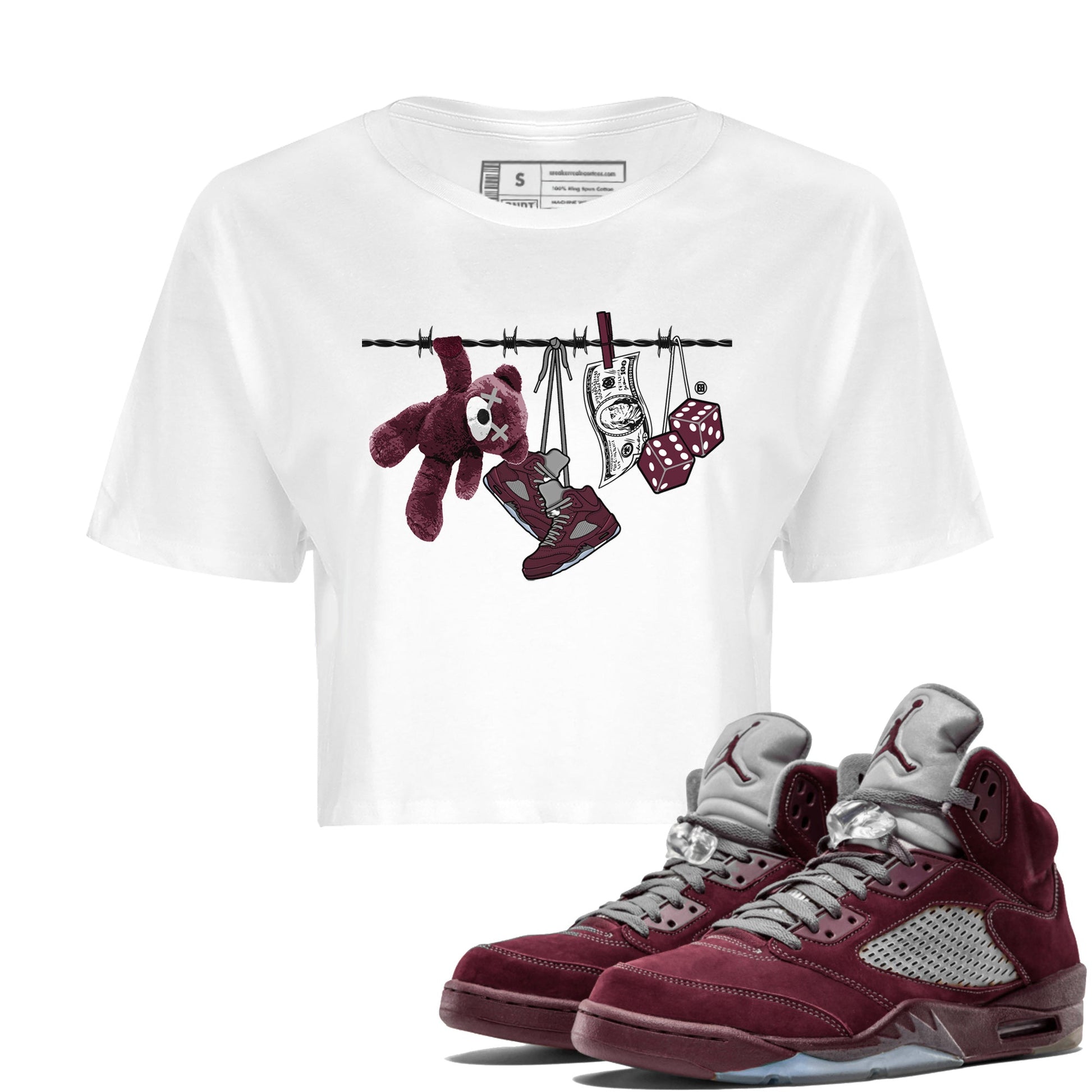 Air Jordan 5 Burgundy Sneaker Match Tees Clothesline Sneaker Tees 5s Burgundy Sneaker Release Tees Women's Shirts White 1