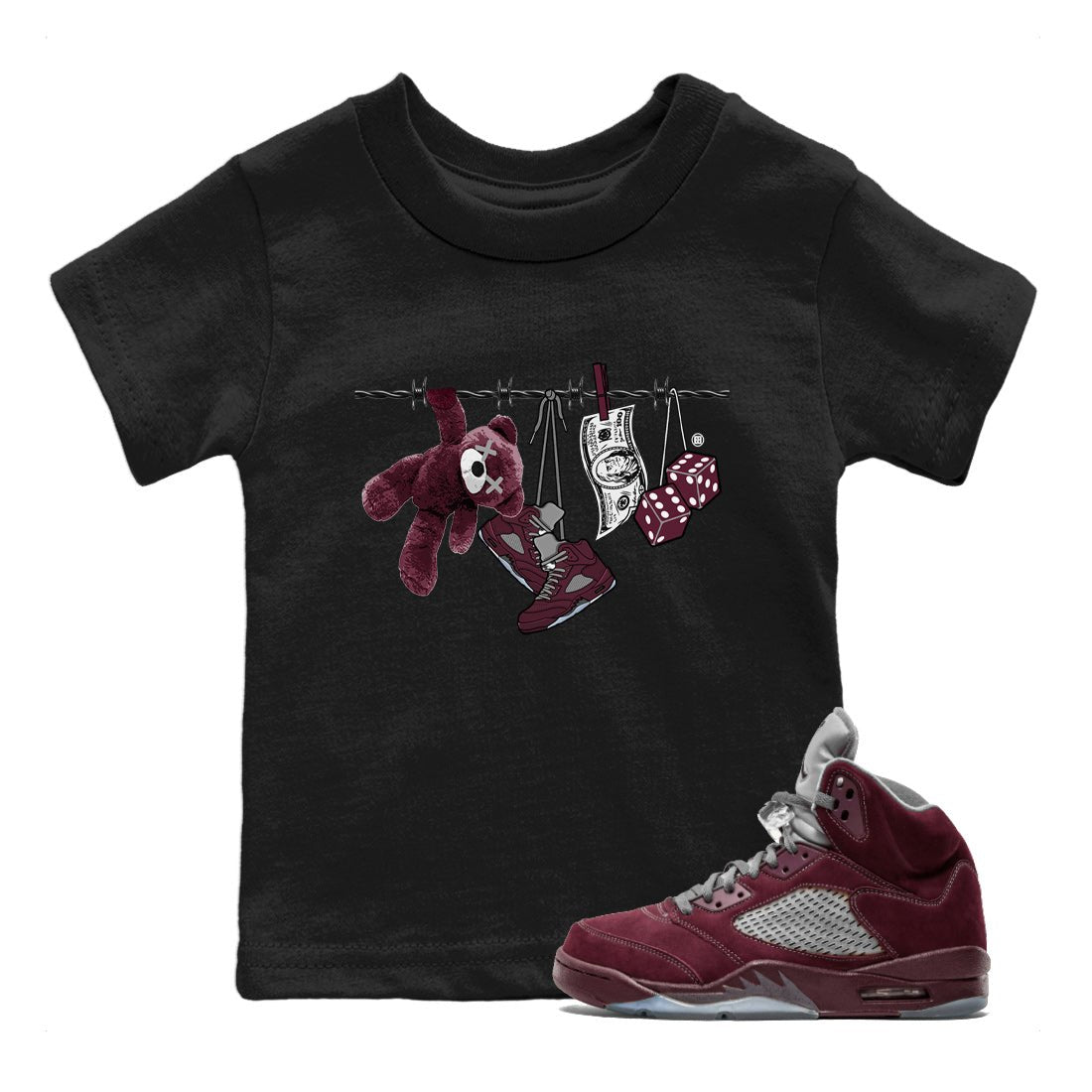 Air Jordan 5 Burgundy Sneaker Match Tees Clothesline Sneaker Tees 5s Burgundy Sneaker Release Tees Kids Shirts Black 1