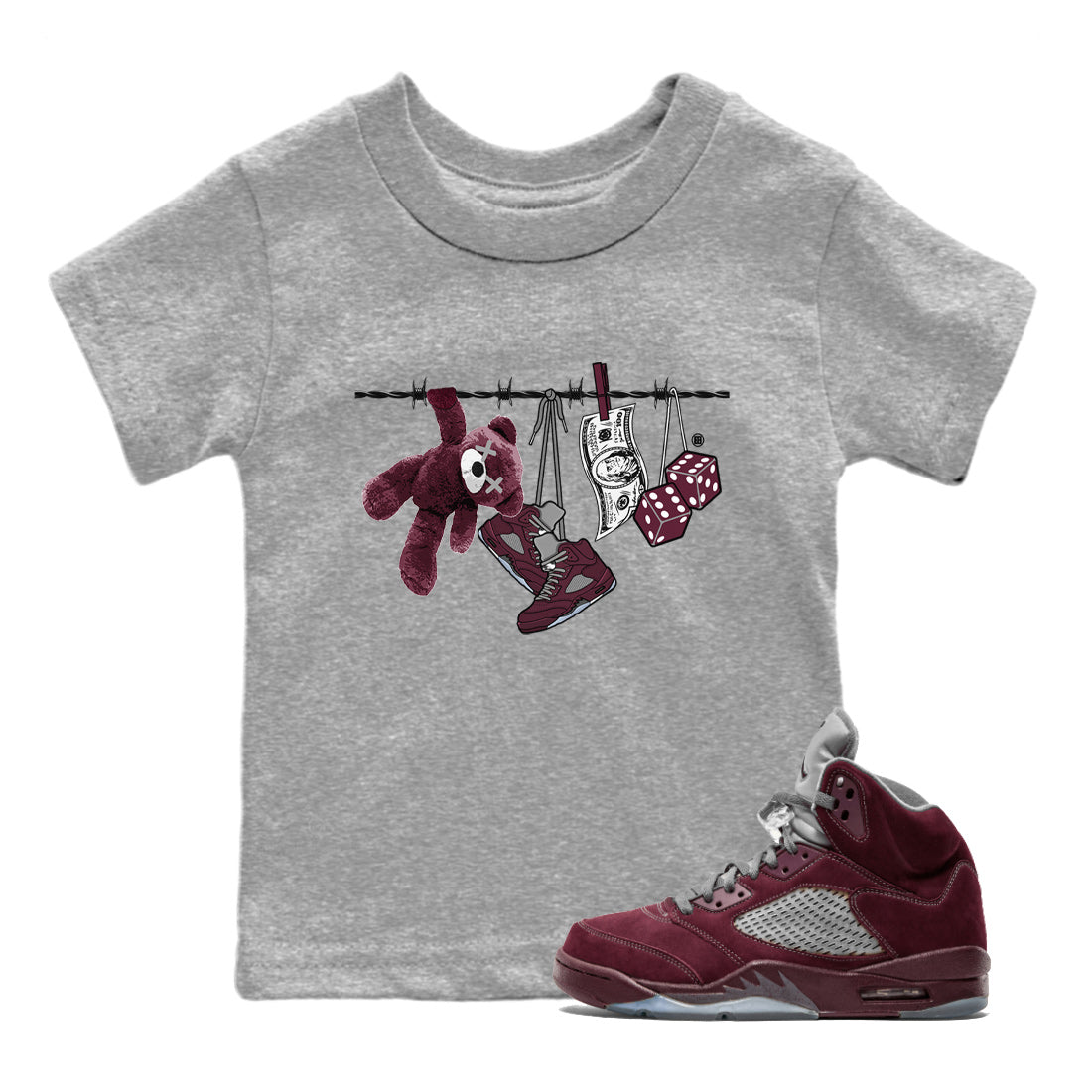 Air Jordan 5 Burgundy Sneaker Match Tees Clothesline Sneaker Tees 5s Burgundy Sneaker Release Tees Kids Shirts Heather Grey 1