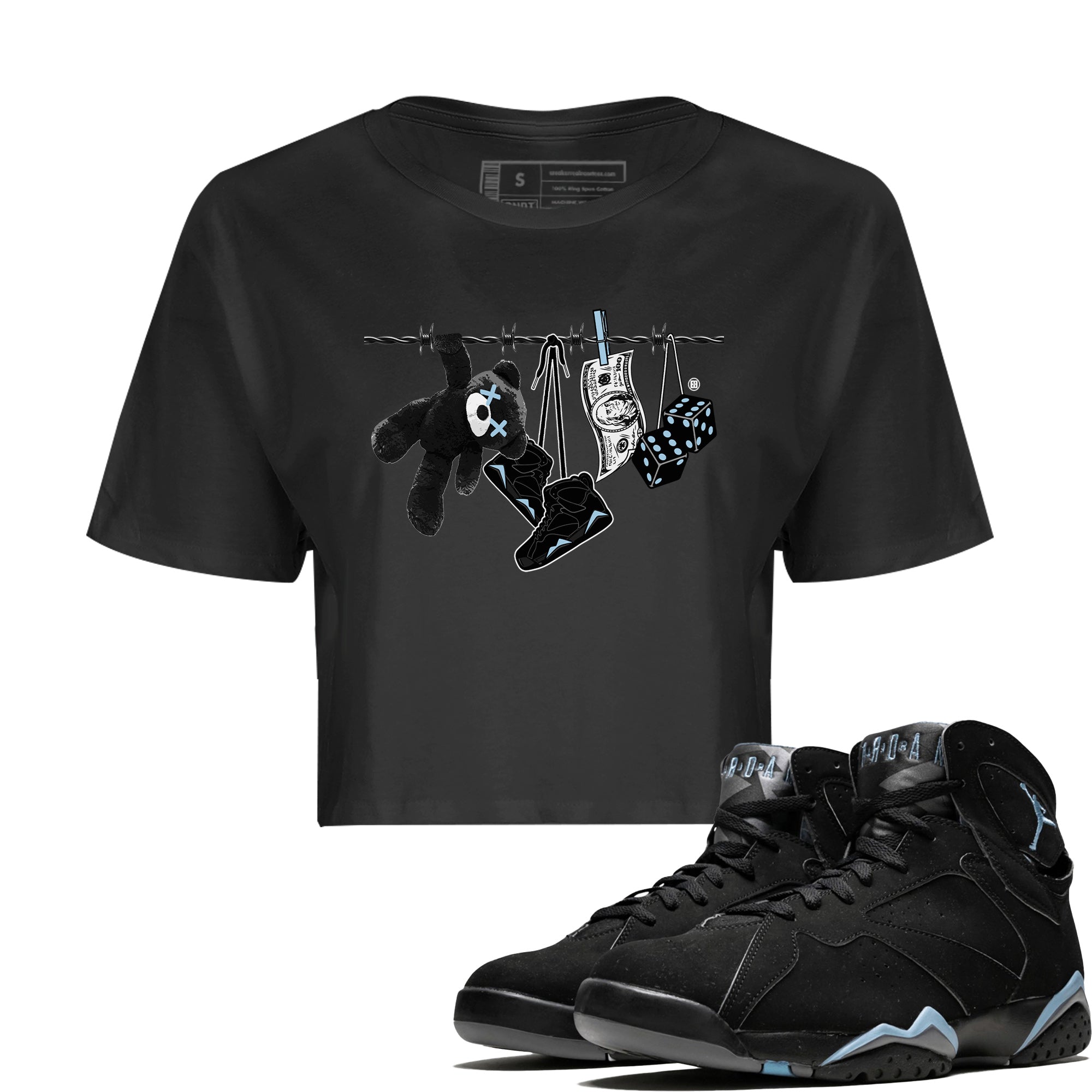 Air Jordan 7 Chambray Sneaker Match Tees Clothesline Sneaker Tees AJ7 Chambray SNRT Sneaker Release Tees Women's Shirts Black 1