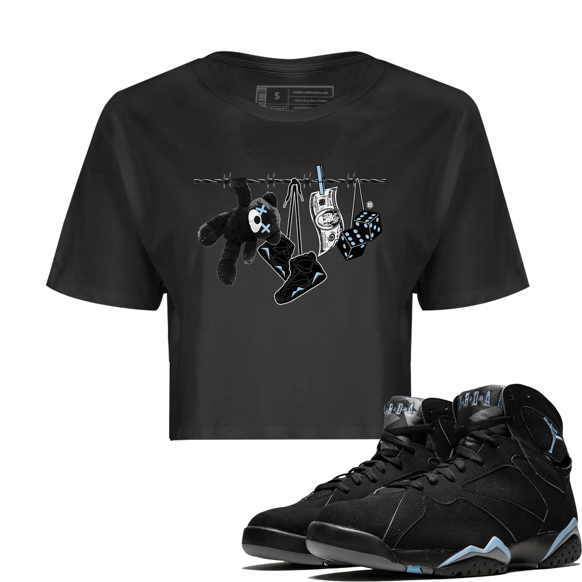 Air Jordan 7 Chambray Sneaker Match Tees Clothesline Sneaker Tees AJ7 Chambray SNRT Sneaker Release Tees Women's Shirts Black 1