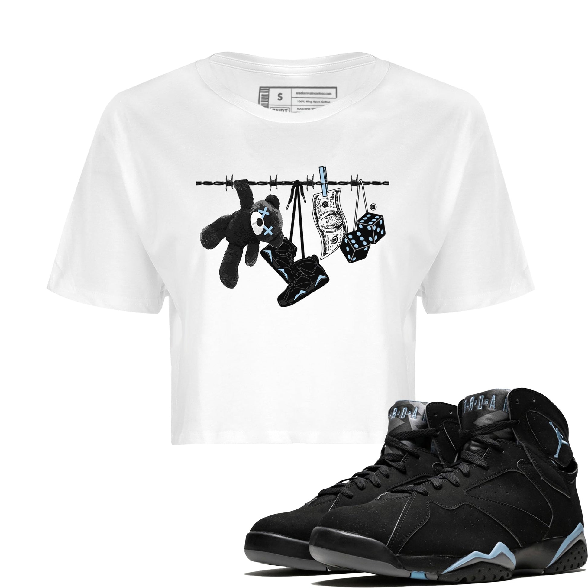 Air Jordan 7 Chambray Sneaker Match Tees Clothesline Sneaker Tees AJ7 Chambray SNRT Sneaker Release Tees Women's Shirts White 1