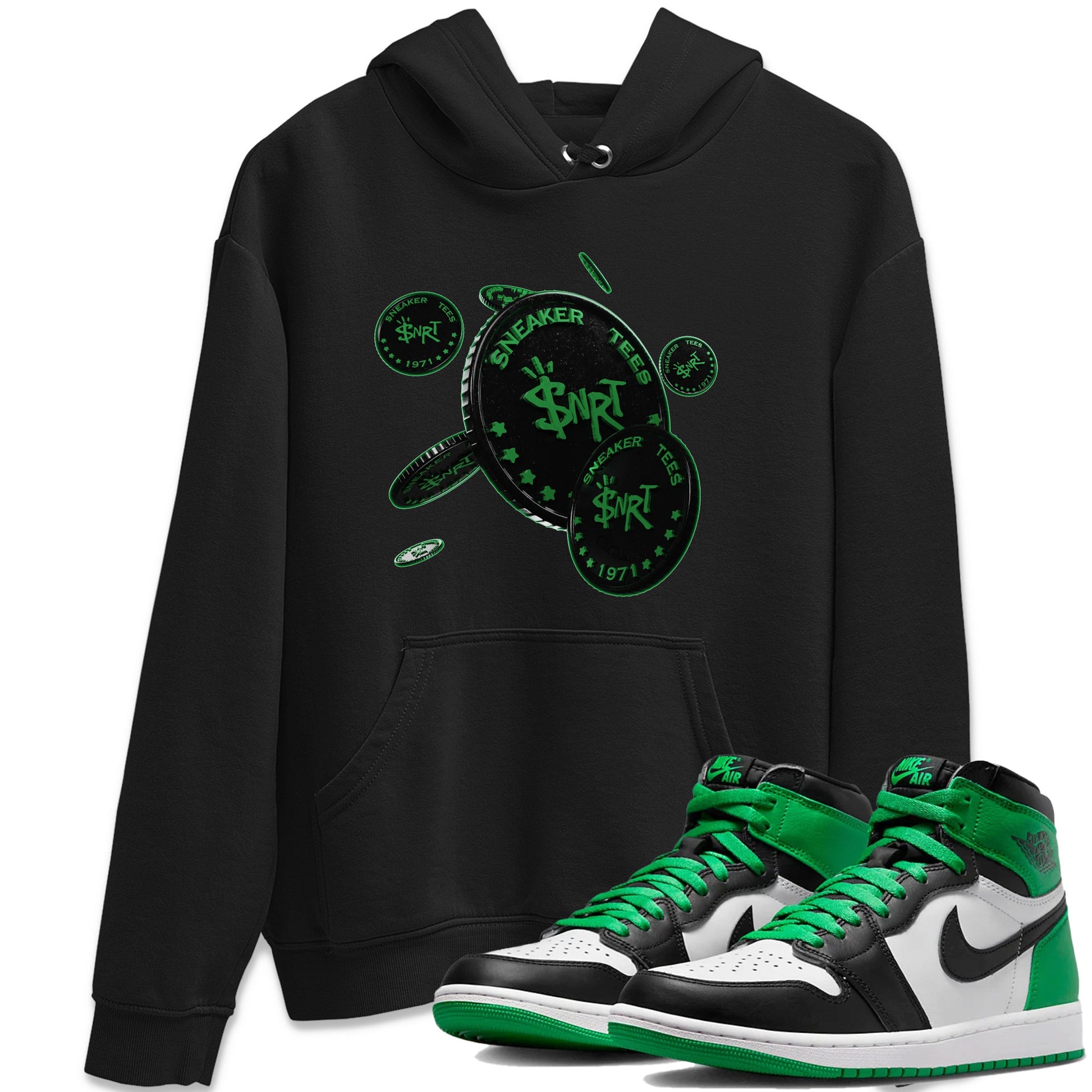 Air Jordan 1 Celtics Sneaker Match Tees Coin Drop Sneaker Tees AJ1 High OG Lucky Green Sneaker Release Tees Unisex Shirts Black 1