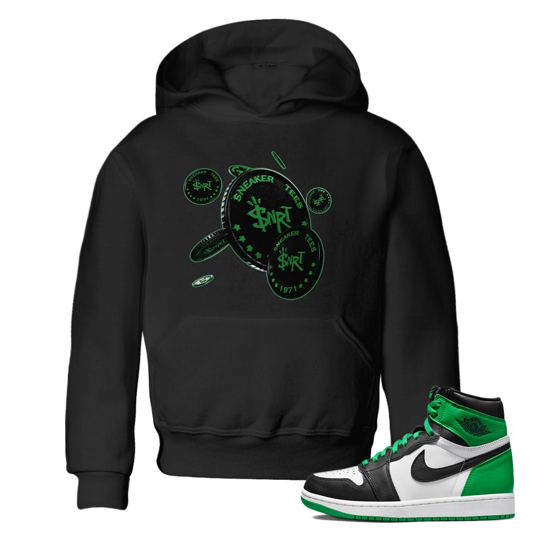 Air Jordan 1 Celtics Sneaker Match Tees Coin Drop Sneaker Tees AJ1 High OG Lucky Green Sneaker Release Tees Kids Shirts Black 1