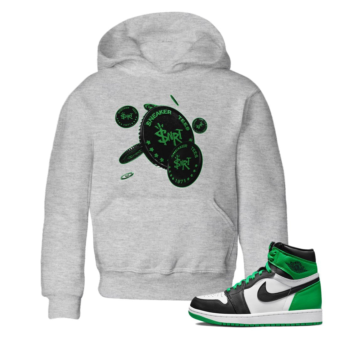 Air Jordan 1 Celtics Sneaker Match Tees Coin Drop Sneaker Tees AJ1 High OG Lucky Green Sneaker Release Tees Kids Shirts Heather Grey 1