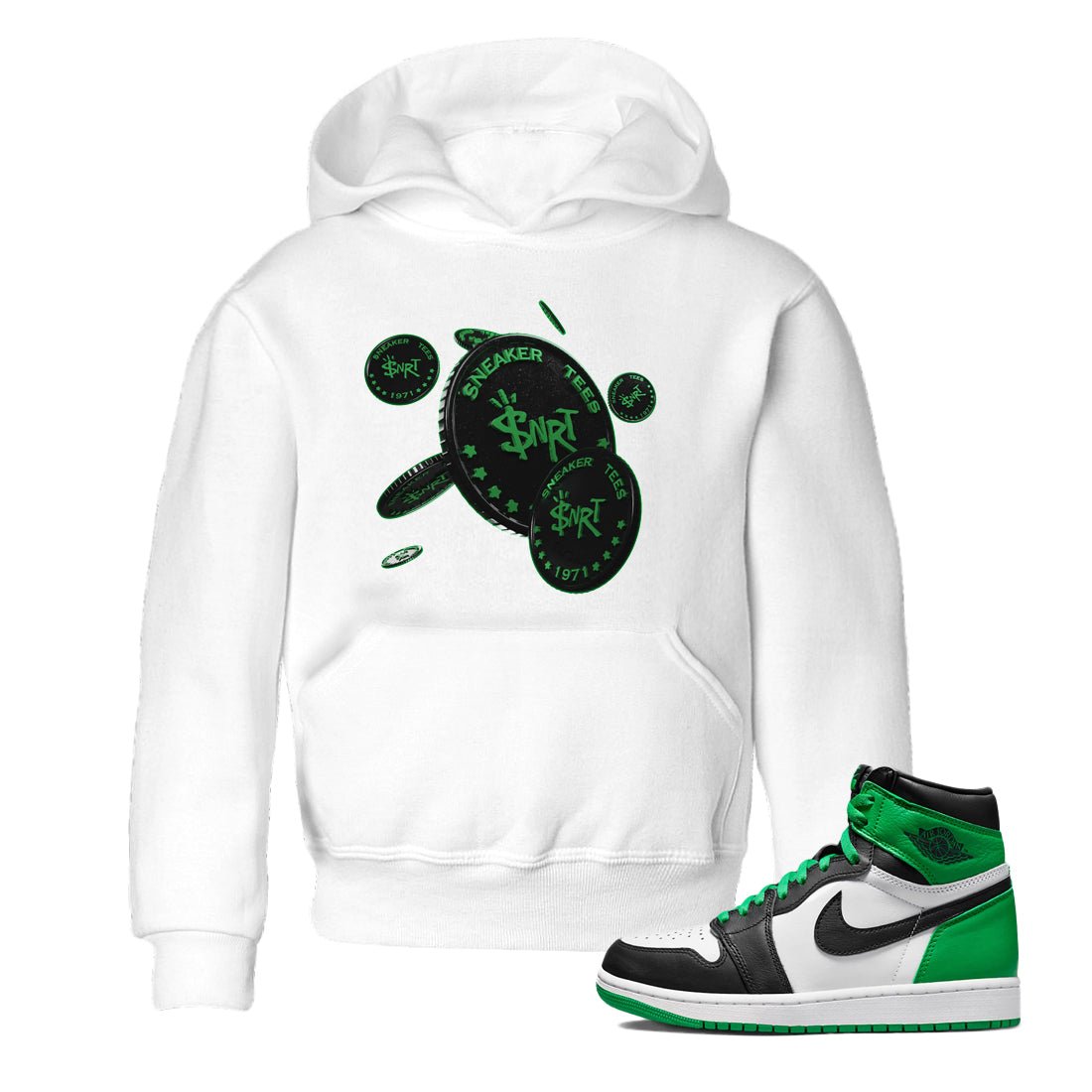 Air Jordan 1 Celtics Sneaker Match Tees Coin Drop Sneaker Tees AJ1 High OG Lucky Green Sneaker Release Tees Kids Shirts White 1