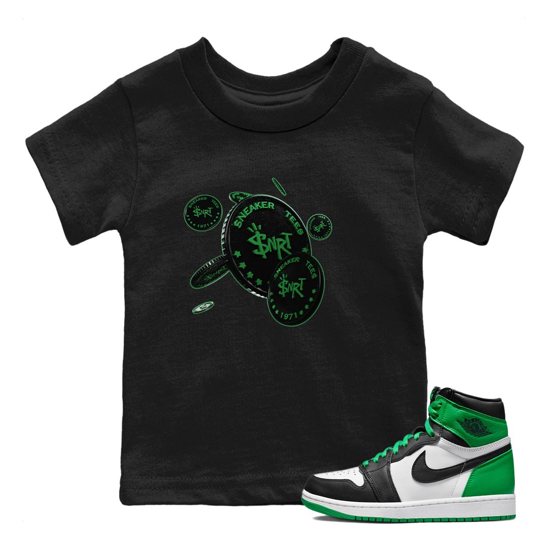 Air Jordan 1 Celtics Sneaker Match Tees Coin Drop Sneaker Tees AJ1 High OG Lucky Green Sneaker Release Tees Kids Shirts Black 1