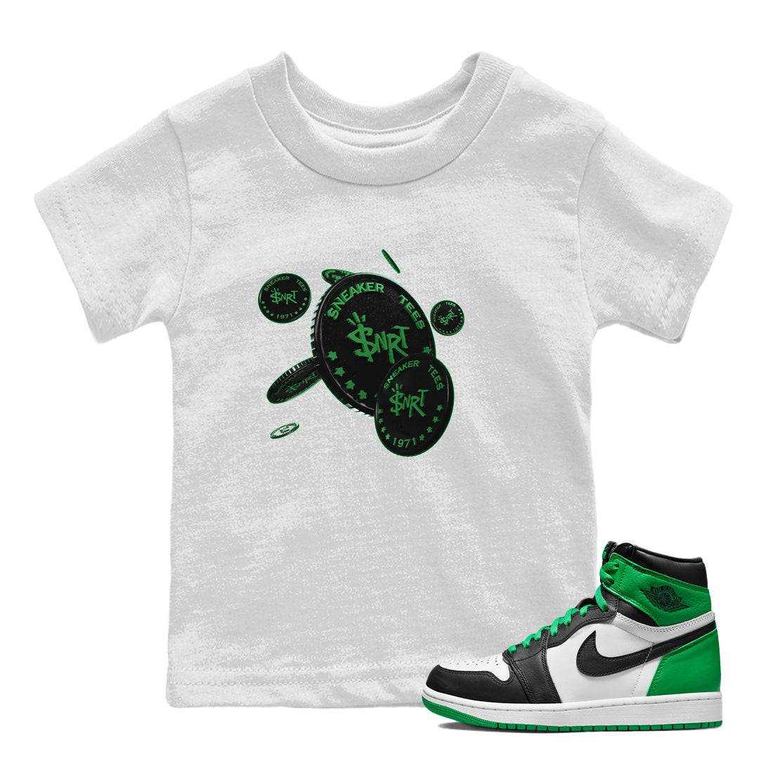 Air Jordan 1 Celtics Sneaker Match Tees Coin Drop Sneaker Tees AJ1 High OG Lucky Green Sneaker Release Tees Kids Shirts White 1
