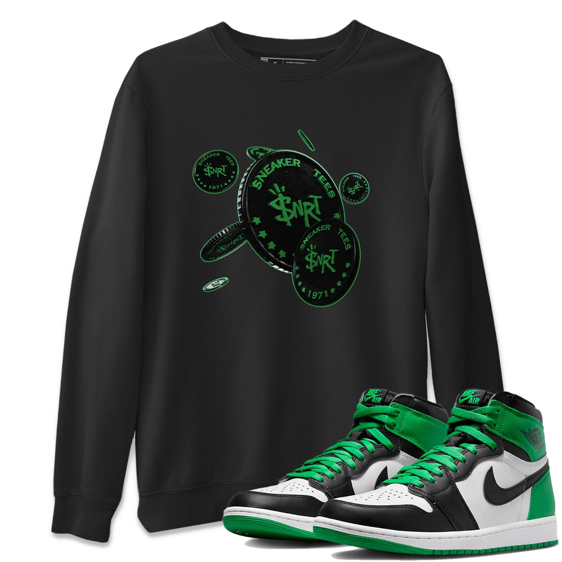Air Jordan 1 Celtics Sneaker Match Tees Coin Drop Sneaker Tees AJ1 High OG Lucky Green Sneaker Release Tees Unisex Shirts Black 1