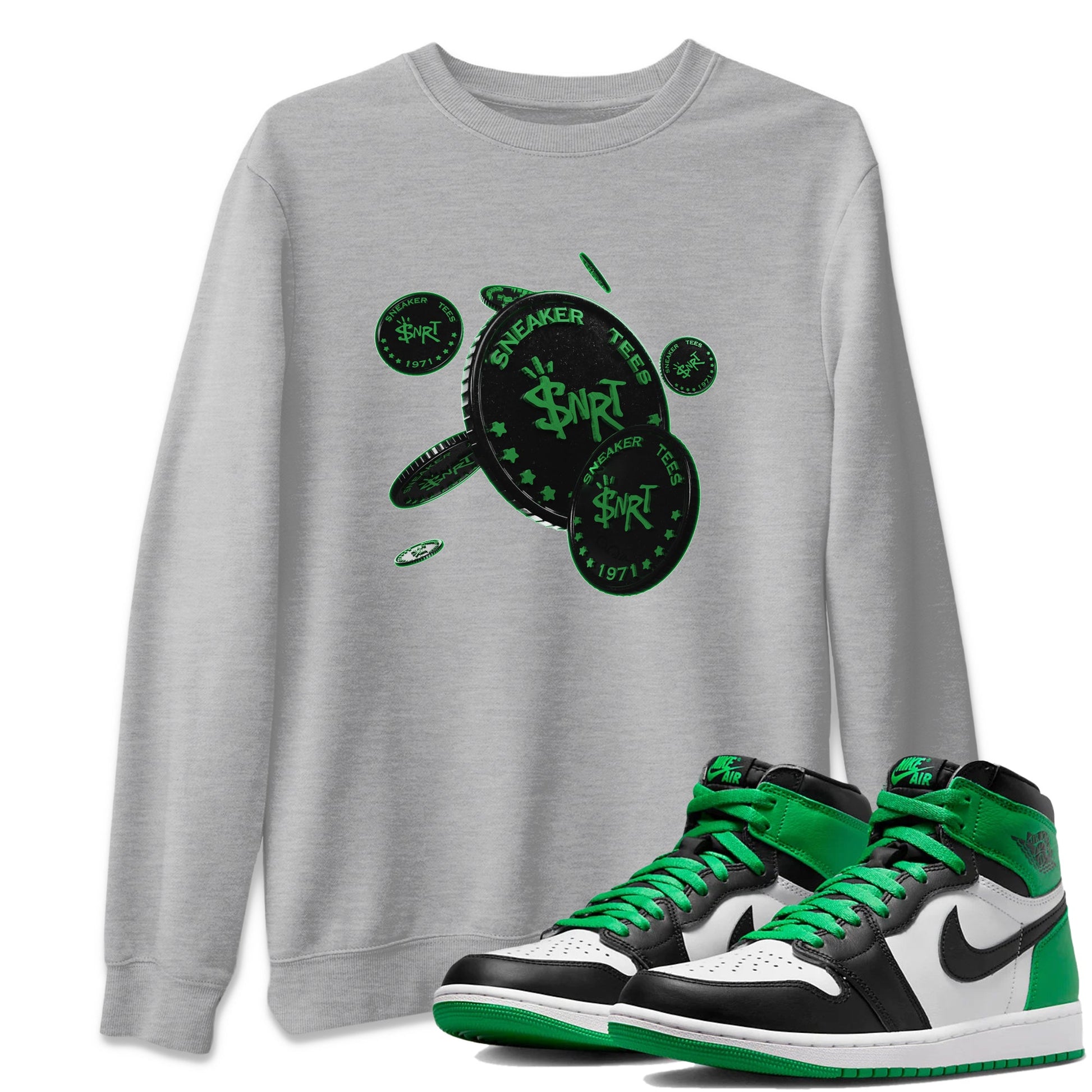 Air Jordan 1 Celtics Sneaker Match Tees Coin Drop Sneaker Tees AJ1 High OG Lucky Green Sneaker Release Tees Unisex Shirts Heather Grey 1