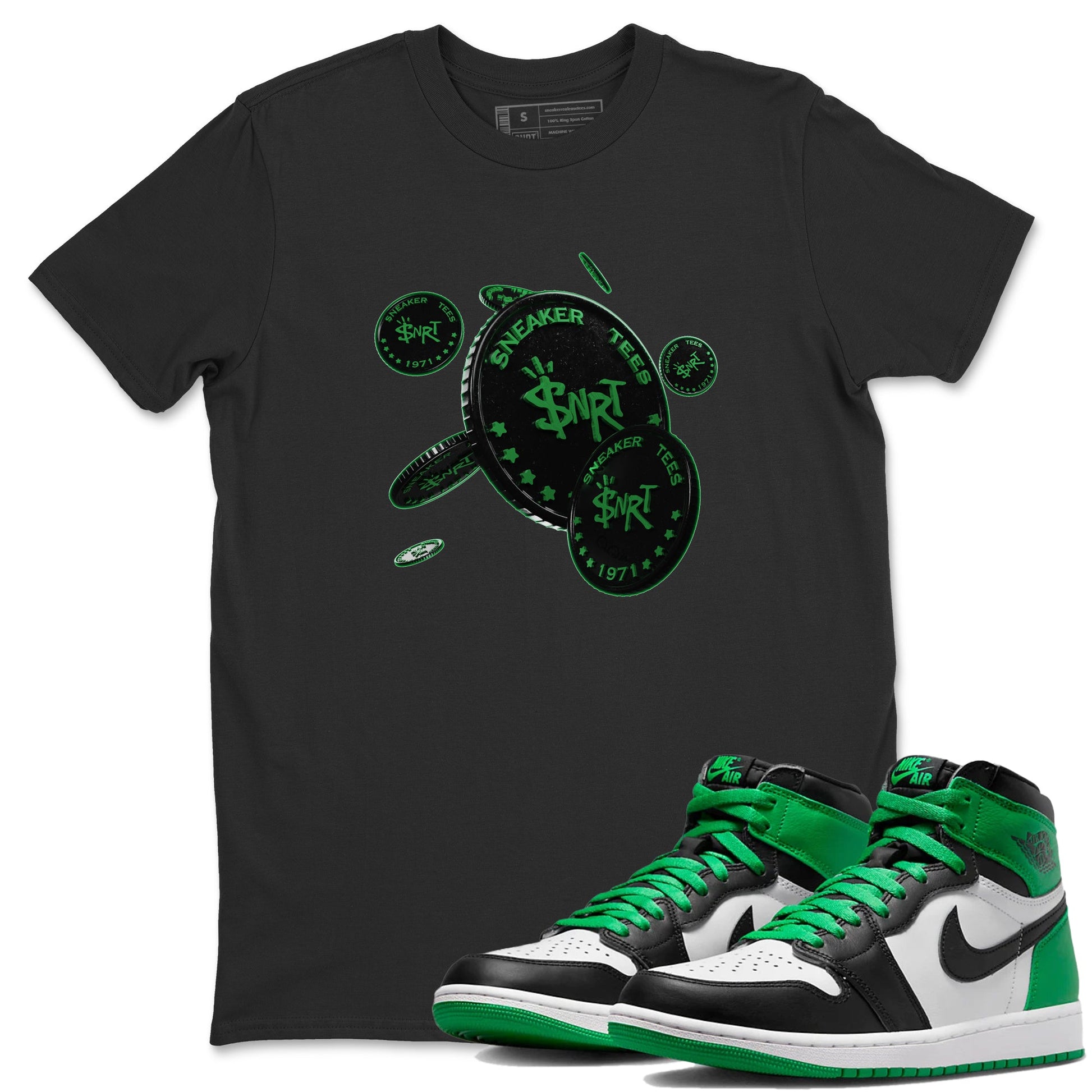 Air Jordan 1 Celtics Sneaker Match Tees Coin Drop Sneaker Tees AJ1 High OG Lucky Green Sneaker Release Tees Unisex Shirts Black 1