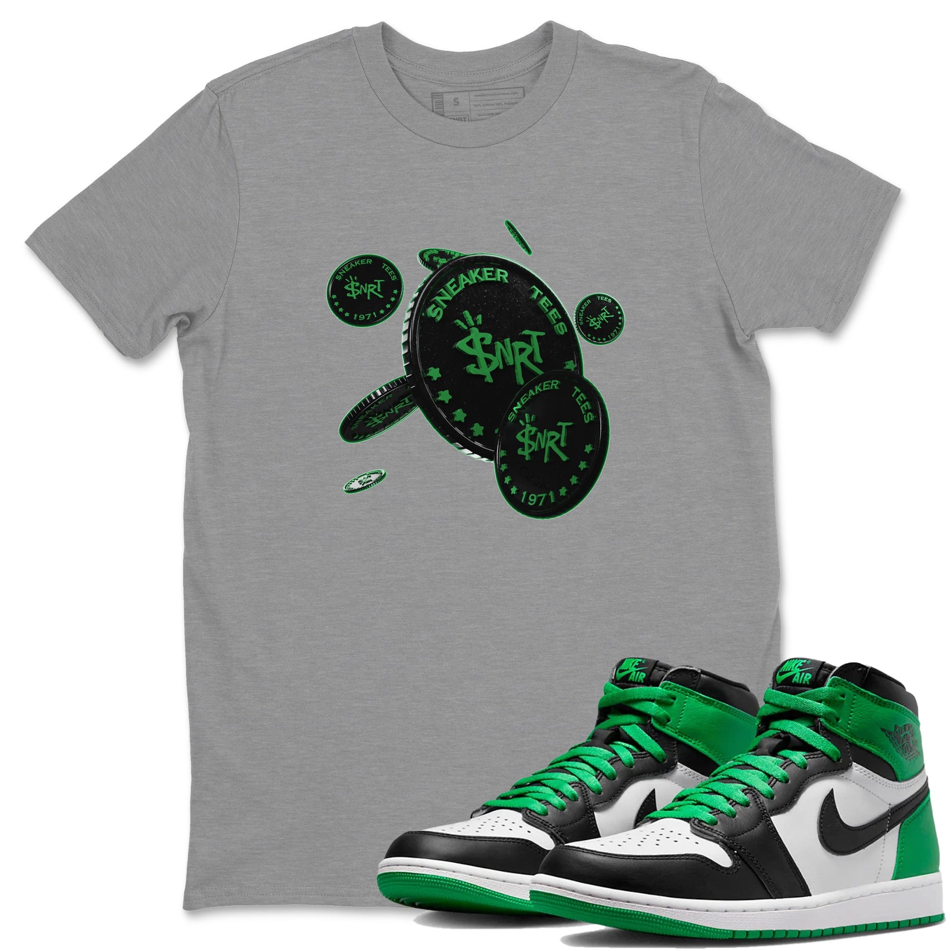 Air Jordan 1 Celtics Sneaker Match Tees Coin Drop Sneaker Tees AJ1 High OG Lucky Green Sneaker Release Tees Unisex Shirts Heather Grey 1