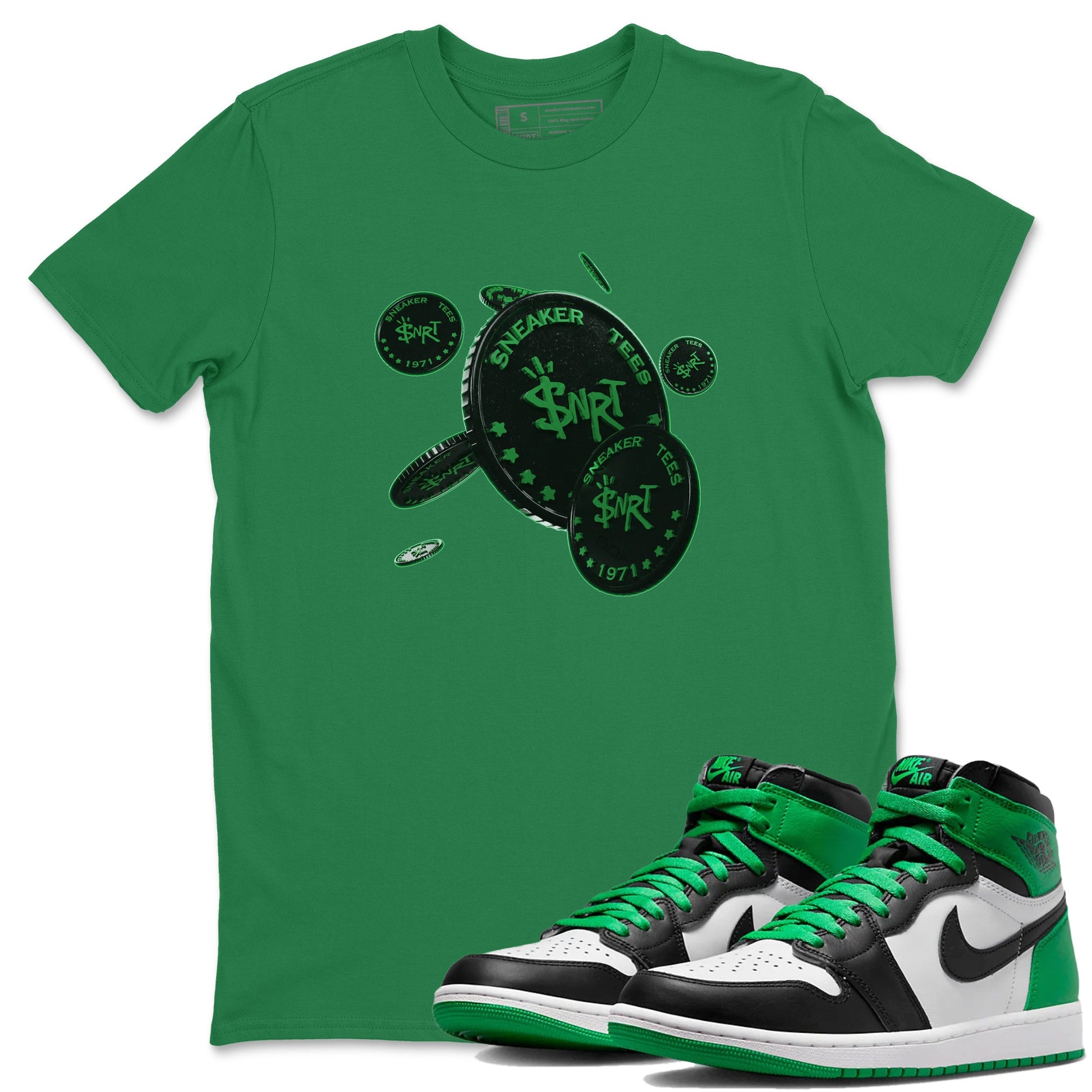 Air Jordan 1 Celtics Sneaker Match Tees Coin Drop Sneaker Tees AJ1 High OG Lucky Green Sneaker Release Tees Unisex Shirts Kelly Green 1