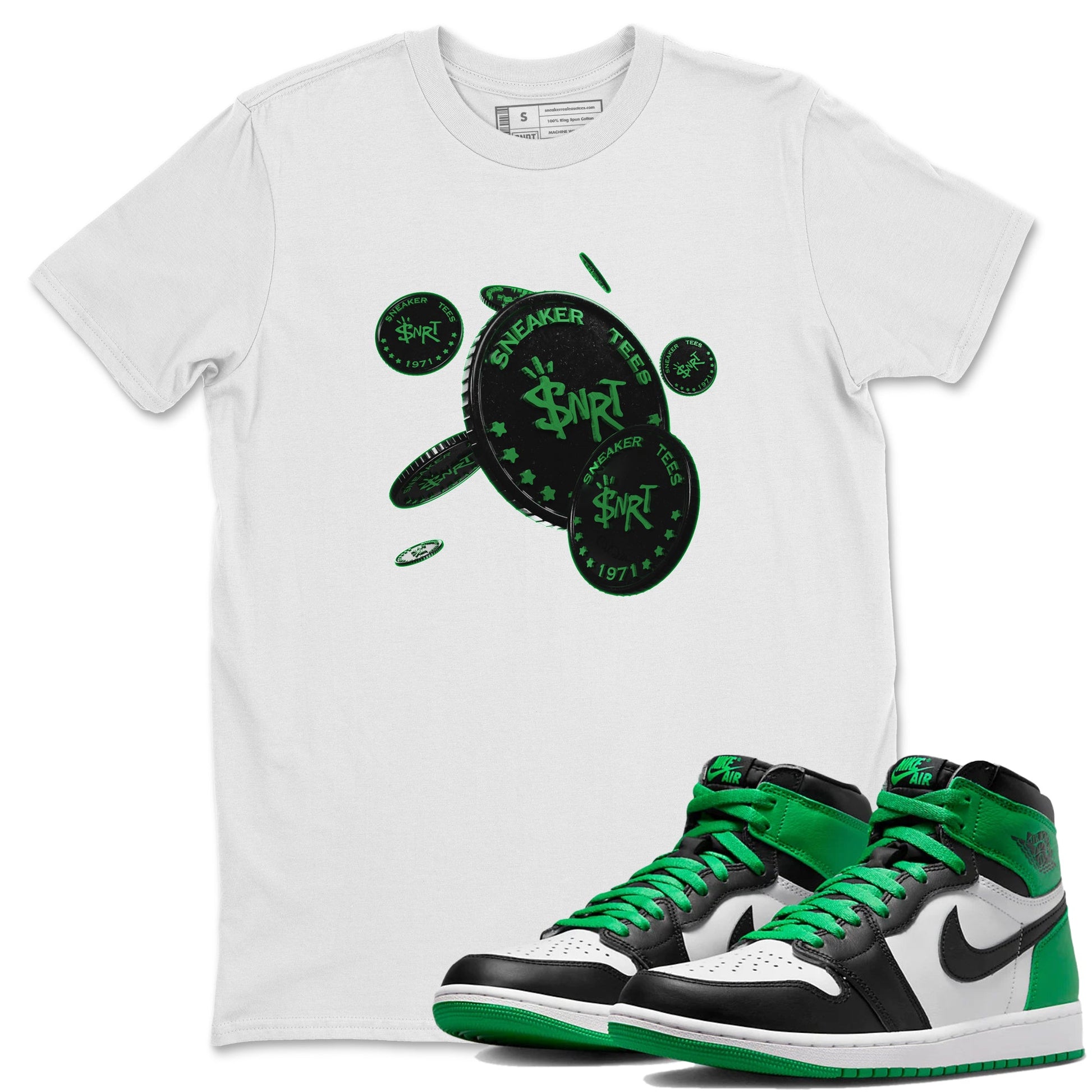 Air Jordan 1 Celtics Sneaker Match Tees Coin Drop Sneaker Tees AJ1 High OG Lucky Green Sneaker Release Tees Unisex Shirts White 1