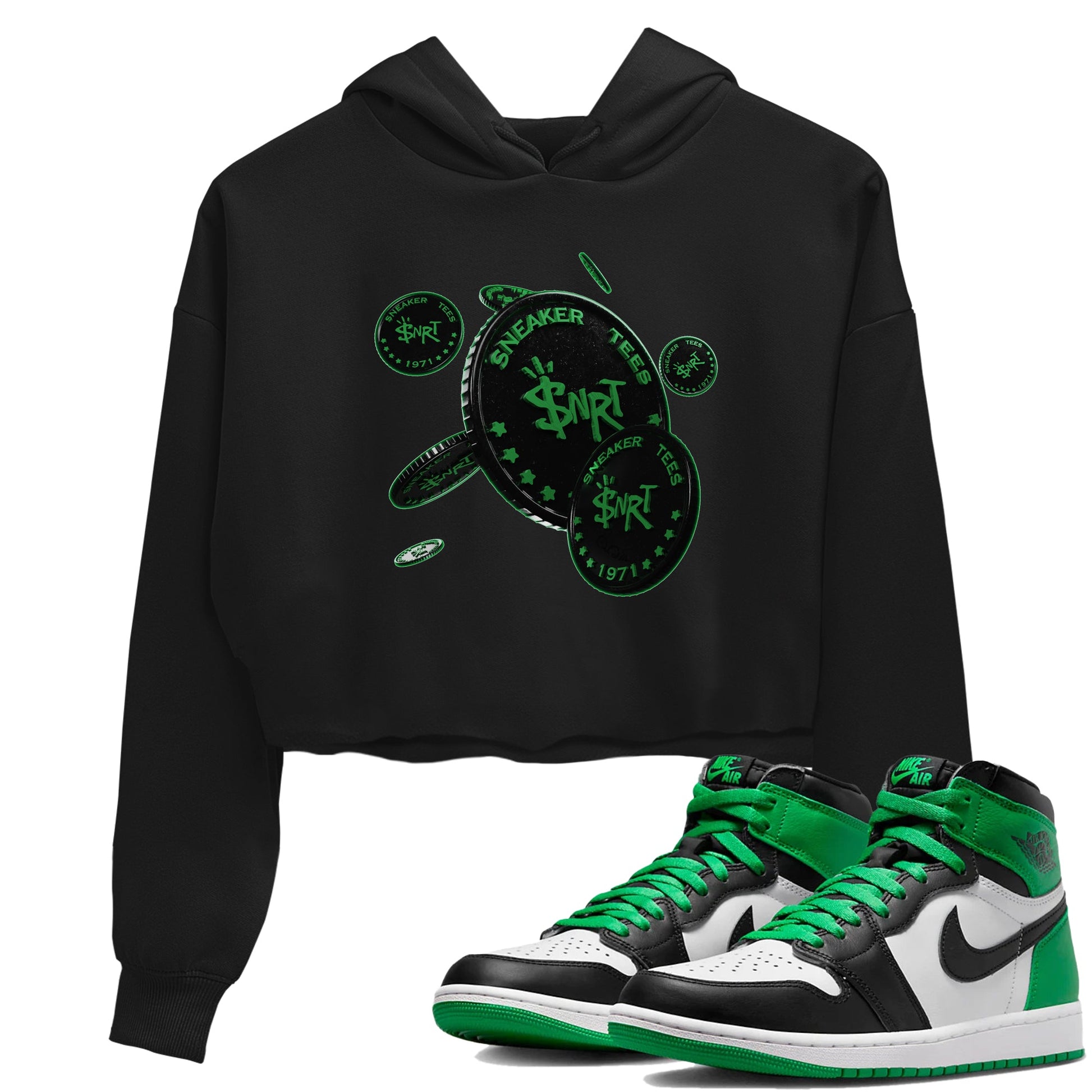 Air Jordan 1 Celtics Sneaker Match Tees Coin Drop Sneaker Tees AJ1 High OG Lucky Green Sneaker Release Tees Women's Shirts Black 1