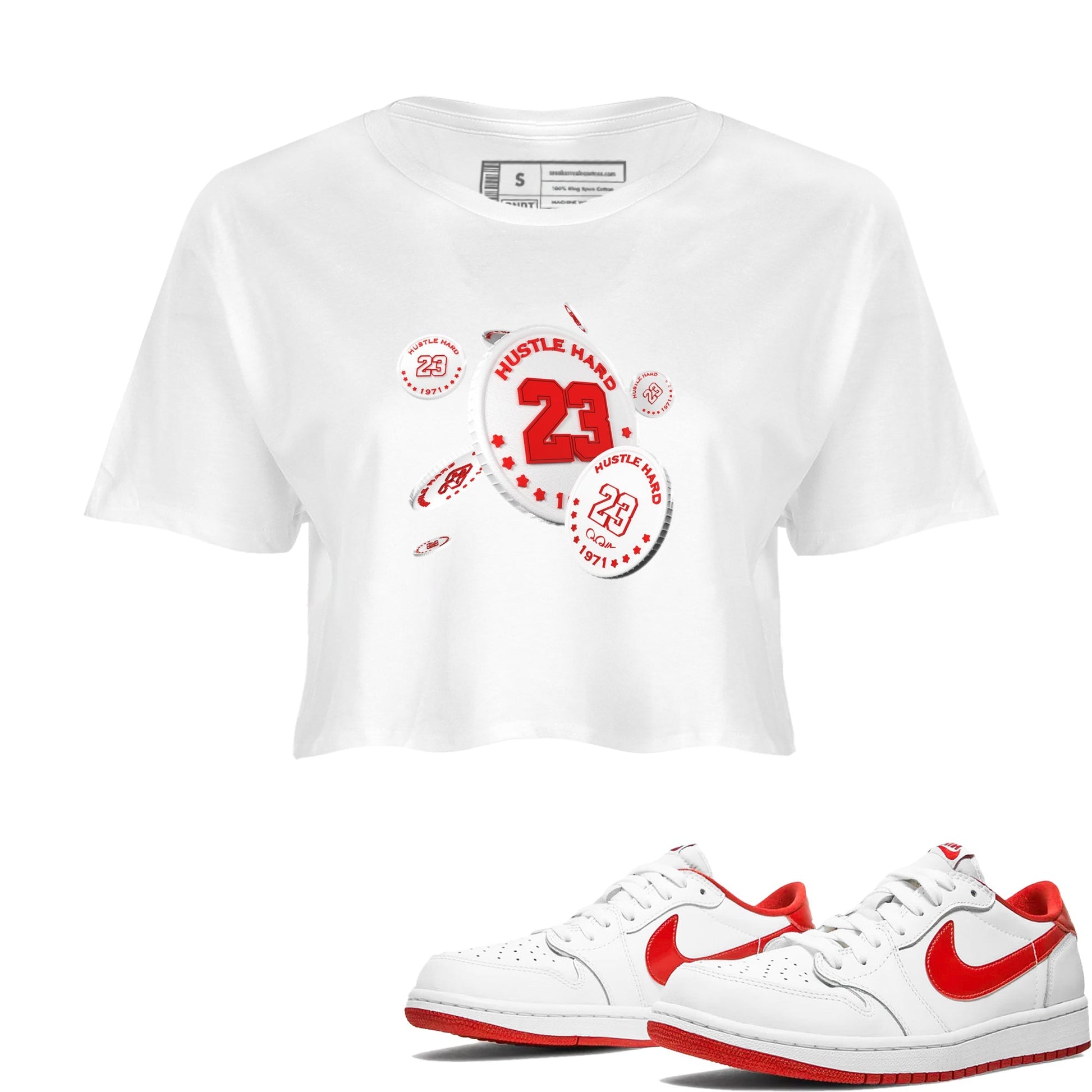 Jordan 1 Low University Red shirt to match jordans Coin Drop sneakertees AJ1 Low University Red SNRT Sneaker Release Tees White 1 Crop T-Shirt