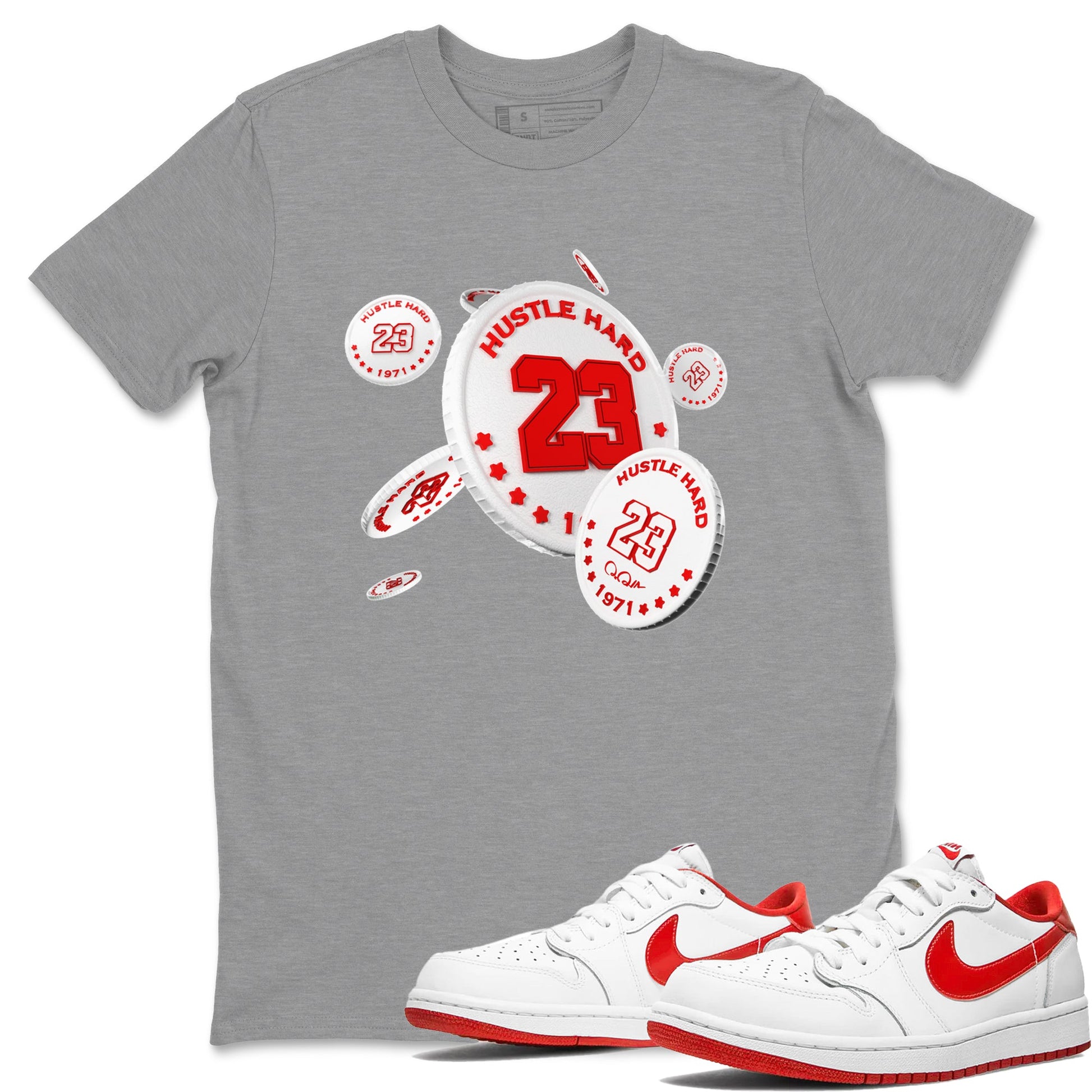 Jordan 1 Low University Red shirt to match jordans Coin Drop sneakertees AJ1 Low University Red SNRT Sneaker Release Tees Unisex Heather Grey 1 T-Shirt