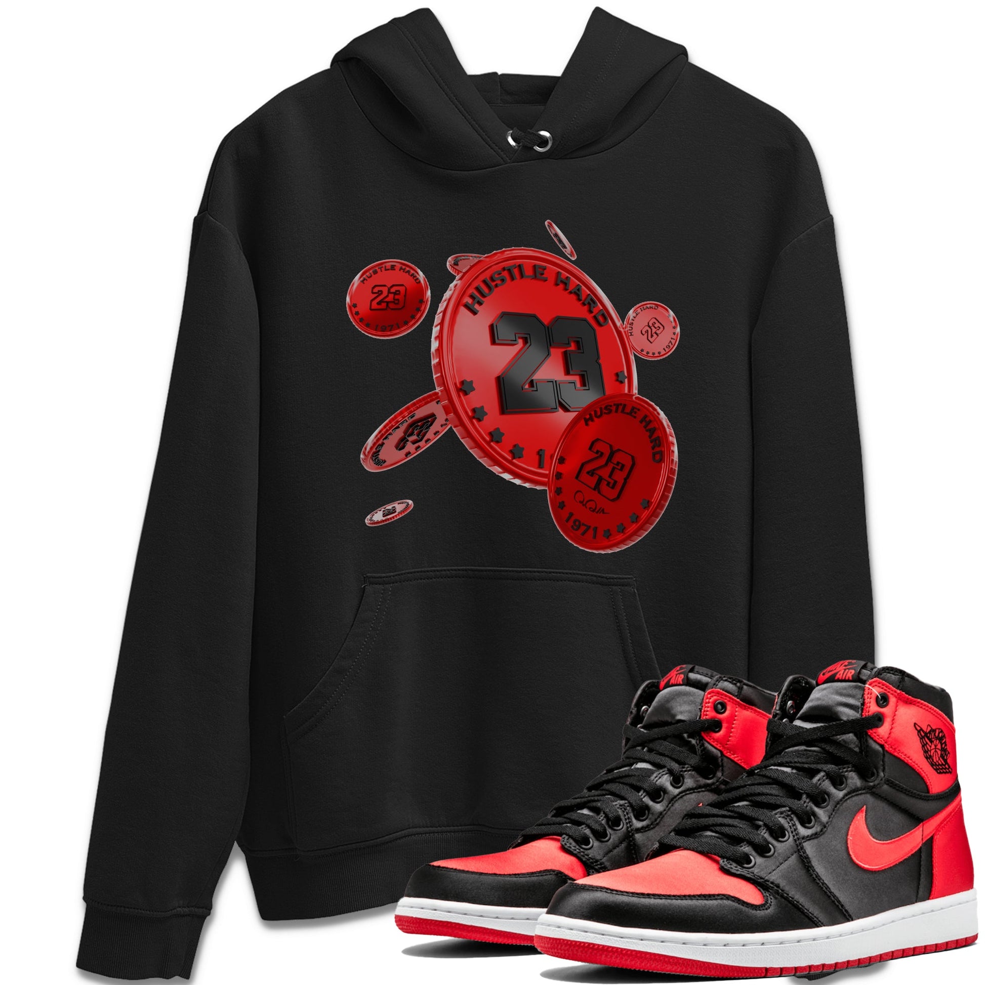 Air Jordan 1 Satin Bred Sneaker Match Tees Coin Drop Sneaker Tees AJ1 Satin Bred Sneaker Release Tees Unisex Shirts Black 1