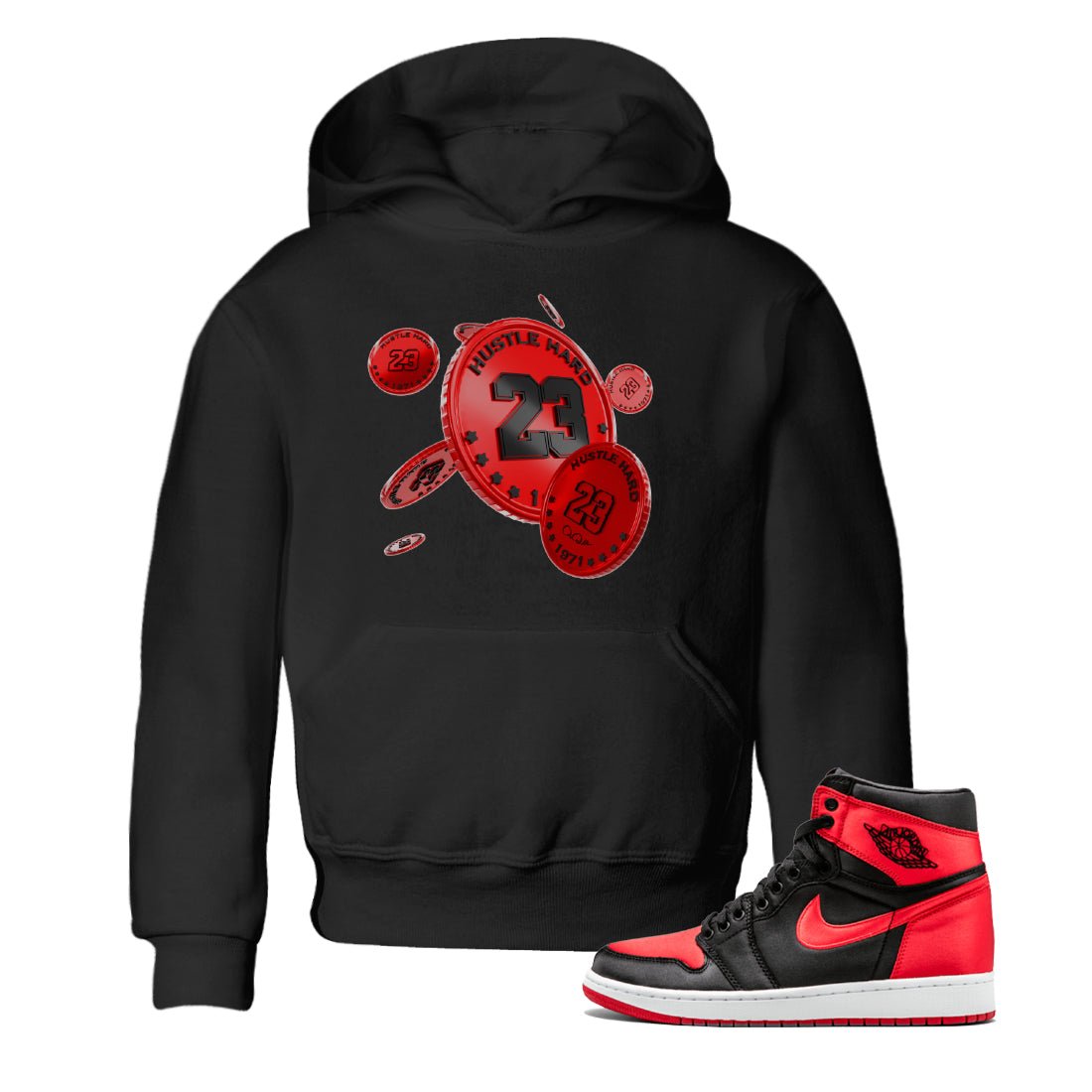Air Jordan 1 Satin Bred Sneaker Match Tees Coin Drop Sneaker Tees AJ1 Satin Bred Sneaker Release Tees Kids Shirts Black 1