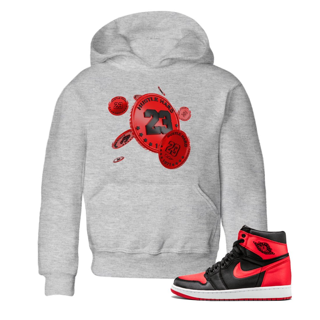 Air Jordan 1 Satin Bred Sneaker Match Tees Coin Drop Sneaker Tees AJ1 Satin Bred Sneaker Release Tees Kids Shirts Heather Grey 1