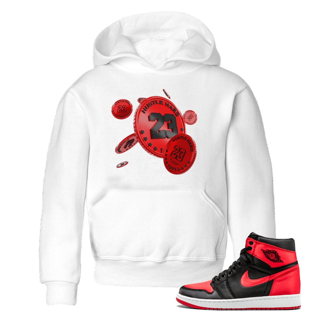 Air Jordan 1 Satin Bred Sneaker Match Tees Coin Drop Sneaker Tees AJ1 Satin Bred Sneaker Release Tees Kids Shirts White 1