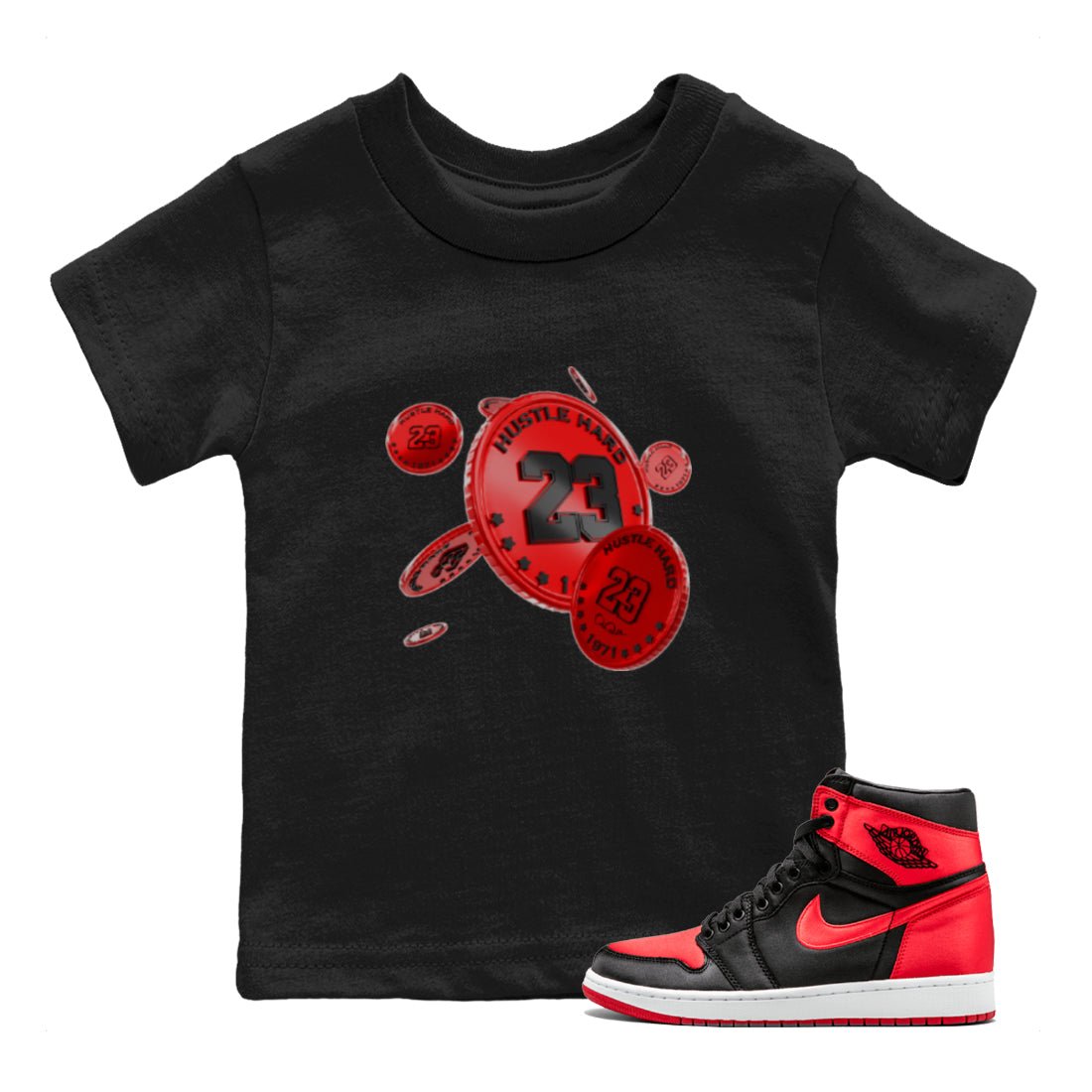 Air Jordan 1 Satin Bred Sneaker Match Tees Coin Drop Sneaker Tees AJ1 Satin Bred Sneaker Release Tees Kids Shirts Black 1