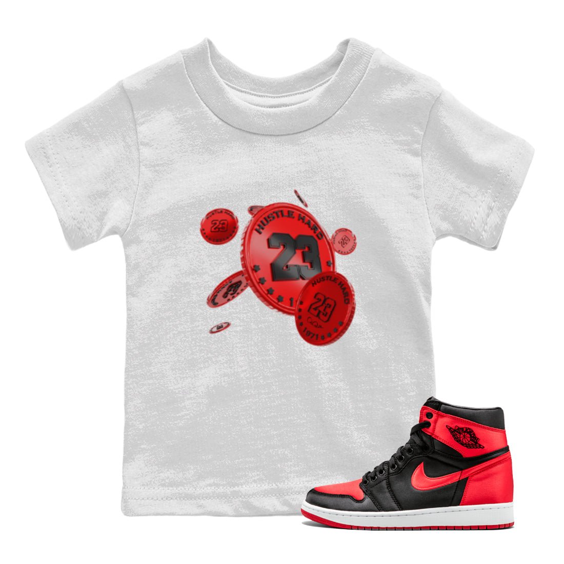 Air Jordan 1 Satin Bred Sneaker Match Tees Coin Drop Sneaker Tees AJ1 Satin Bred Sneaker Release Tees Kids Shirts White 1