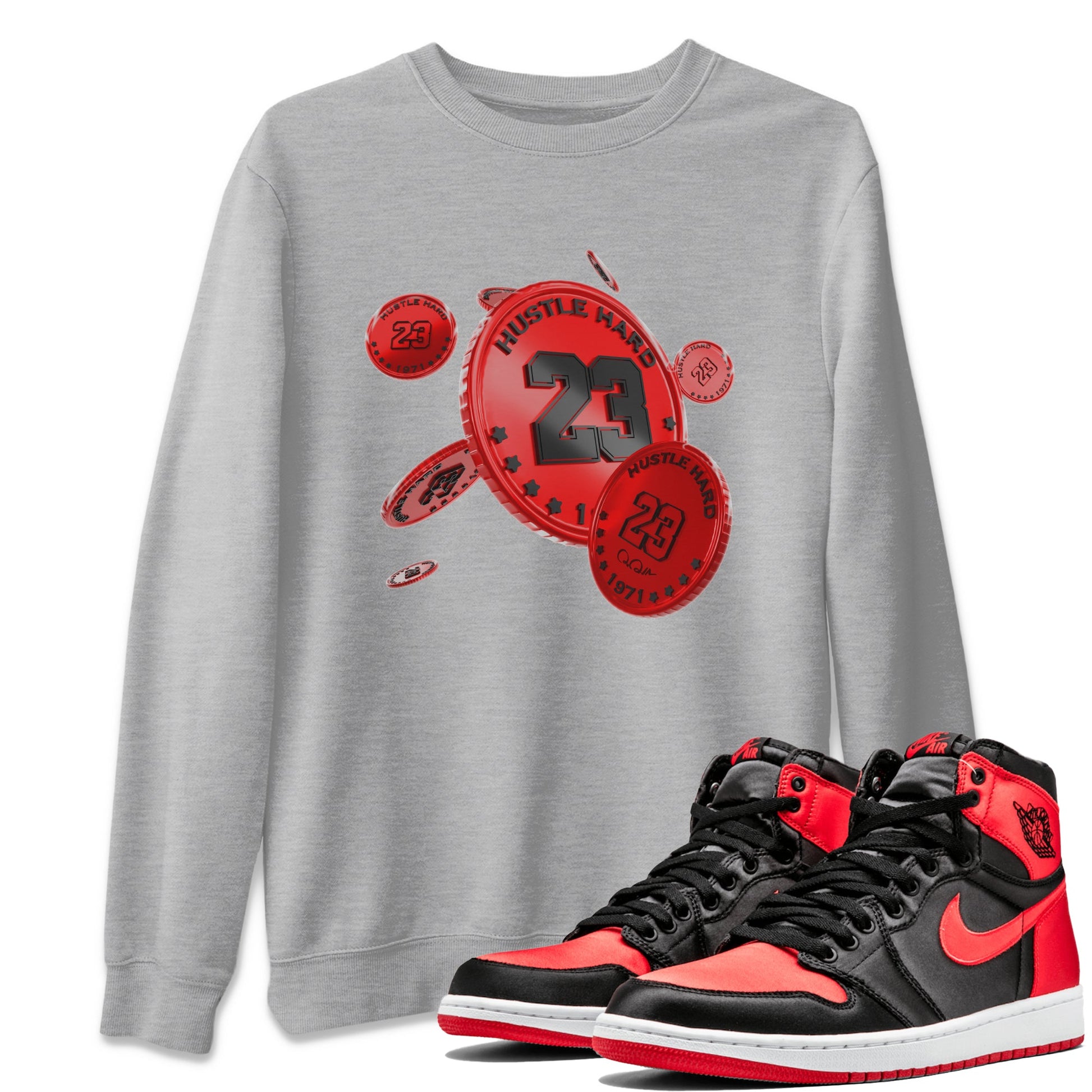 Air Jordan 1 Satin Bred Sneaker Match Tees Coin Drop Sneaker Tees AJ1 Satin Bred Sneaker Release Tees Unisex Shirts Heather Grey 1