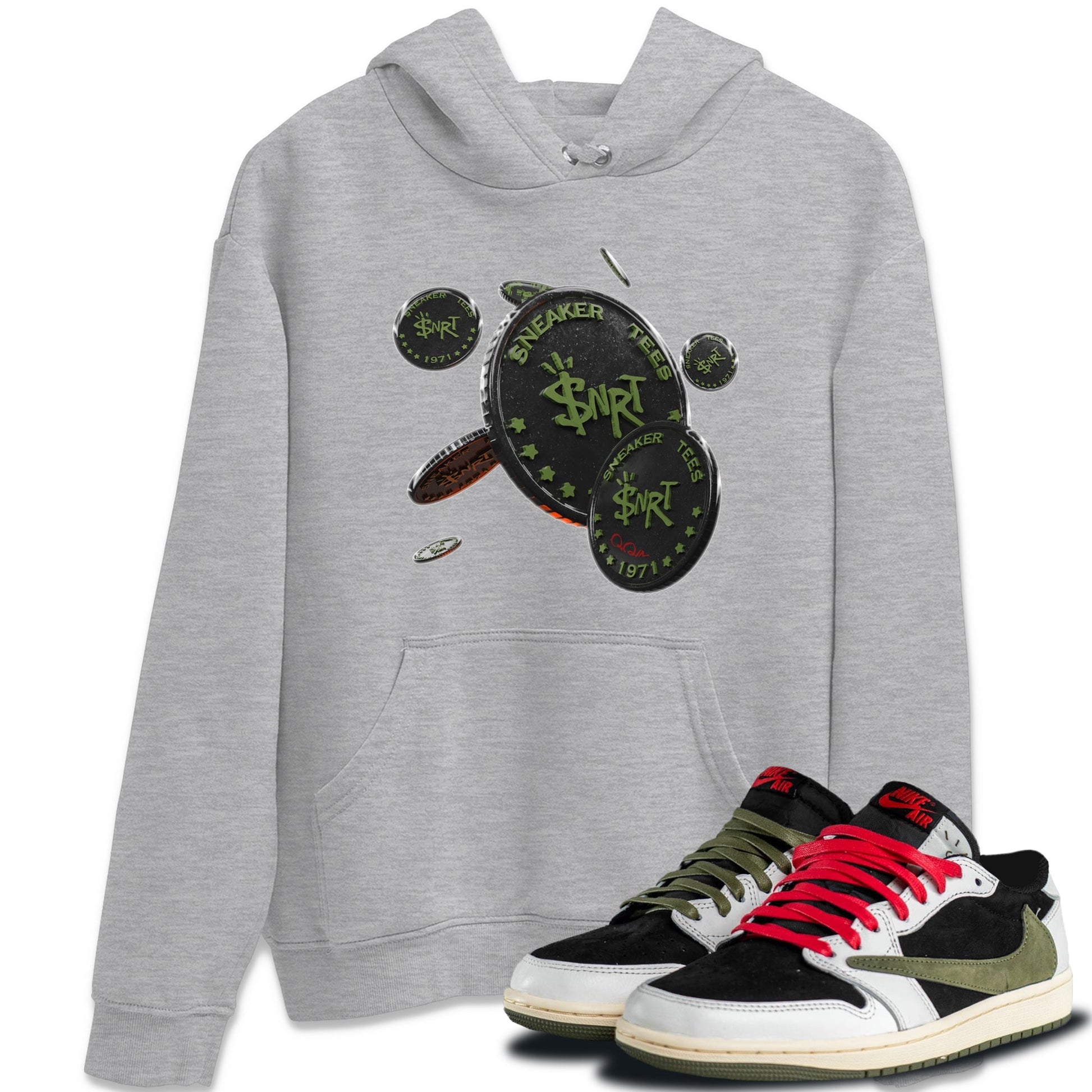 Air Jordan 1 Travis Scott Olive Sneaker Match Tees Coin Drop Sneaker Tees AJ1 OG Travis Scott Olive Sneaker Release Tees Unisex Shirts Heather Grey 1