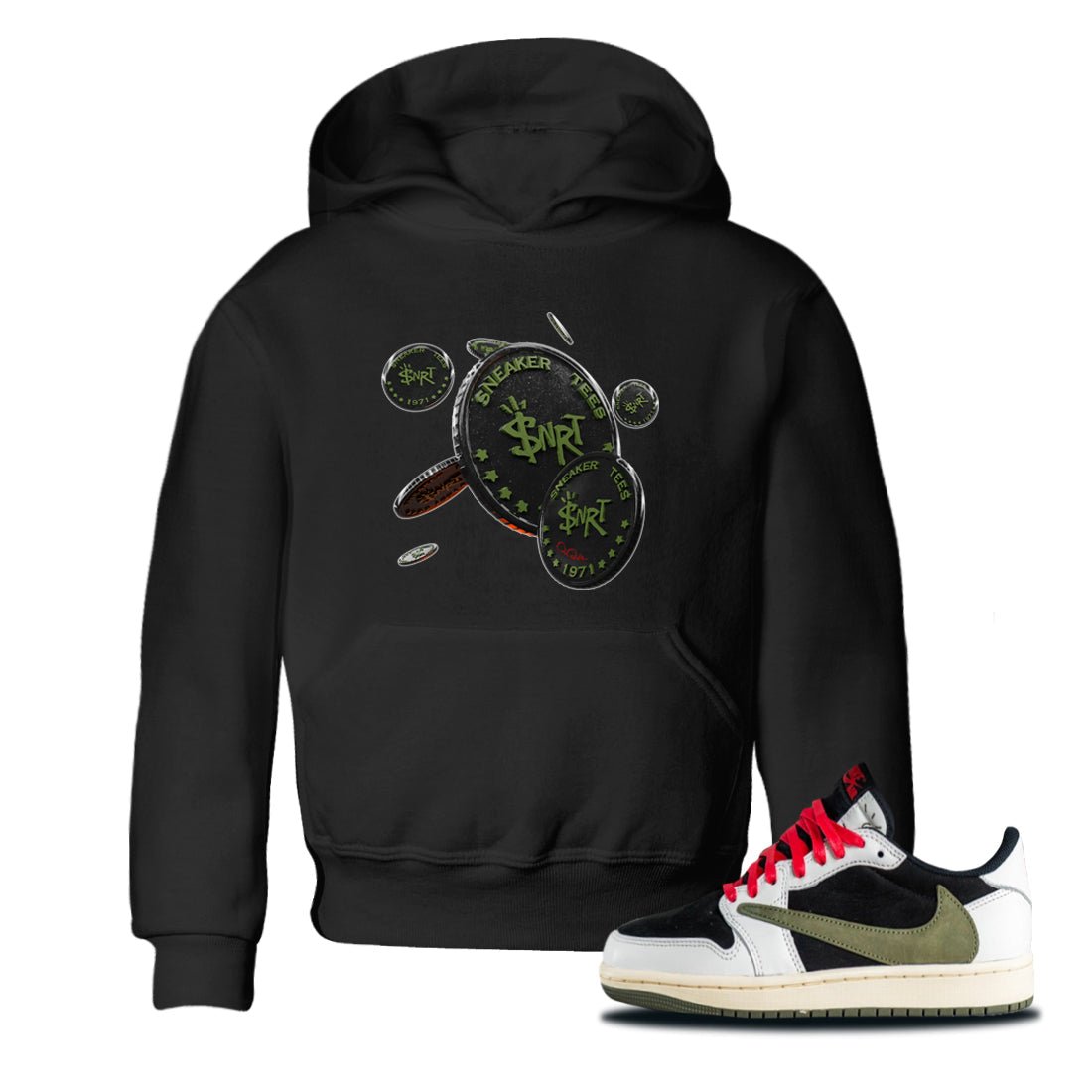 Air Jordan 1 Travis Scott Olive Sneaker Match Tees Coin Drop Sneaker Tees AJ1 OG Travis Scott Olive Sneaker Release Tees Kids Shirts Black 1