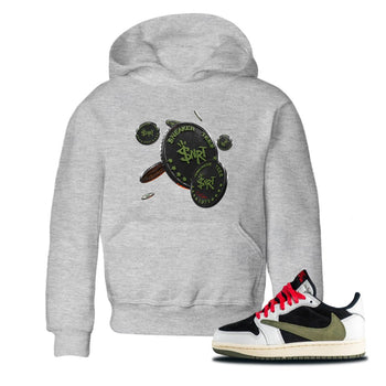 Air Jordan 1 Travis Scott Olive Sneaker Match Tees Coin Drop Sneaker Tees AJ1 OG Travis Scott Olive Sneaker Release Tees Kids Shirts Heather Grey 1