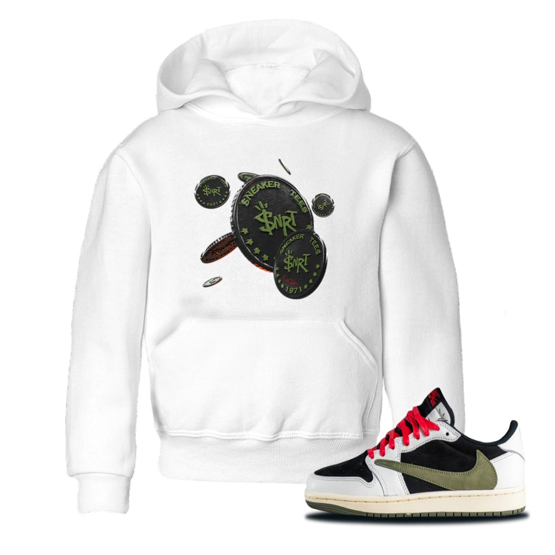 Air Jordan 1 Travis Scott Olive Sneaker Match Tees Coin Drop Sneaker Tees AJ1 OG Travis Scott Olive Sneaker Release Tees Kids Shirts White 1