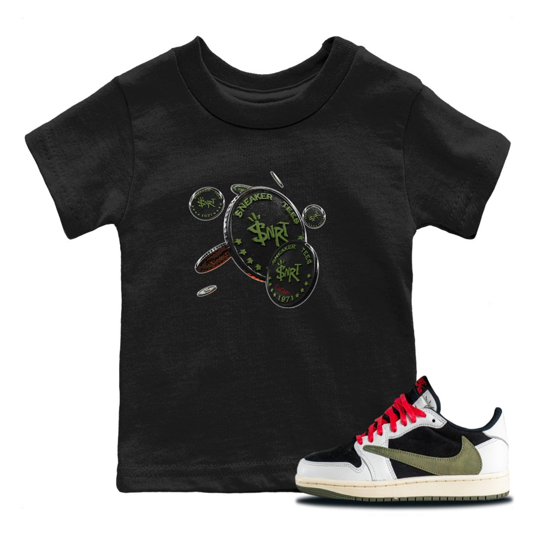Air Jordan 1 Travis Scott Olive Sneaker Match Tees Coin Drop Sneaker Tees AJ1 OG Travis Scott Olive Sneaker Release Tees Kids Shirts Black 1