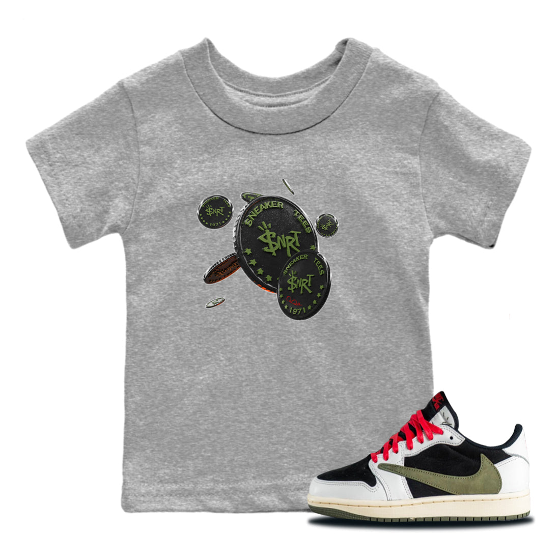 Air Jordan 1 Travis Scott Olive Sneaker Match Tees Coin Drop Sneaker Tees AJ1 OG Travis Scott Olive Sneaker Release Tees Kids Shirts Heather Grey 1